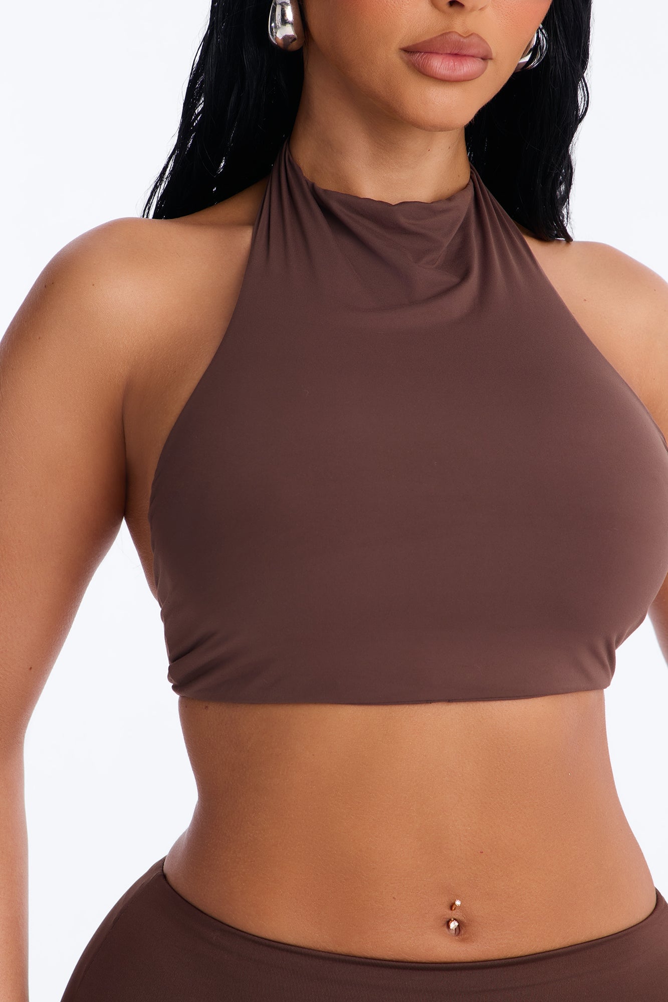 Second Skin Padded Backless Mock Neck Halter Top - Chocolate image 7