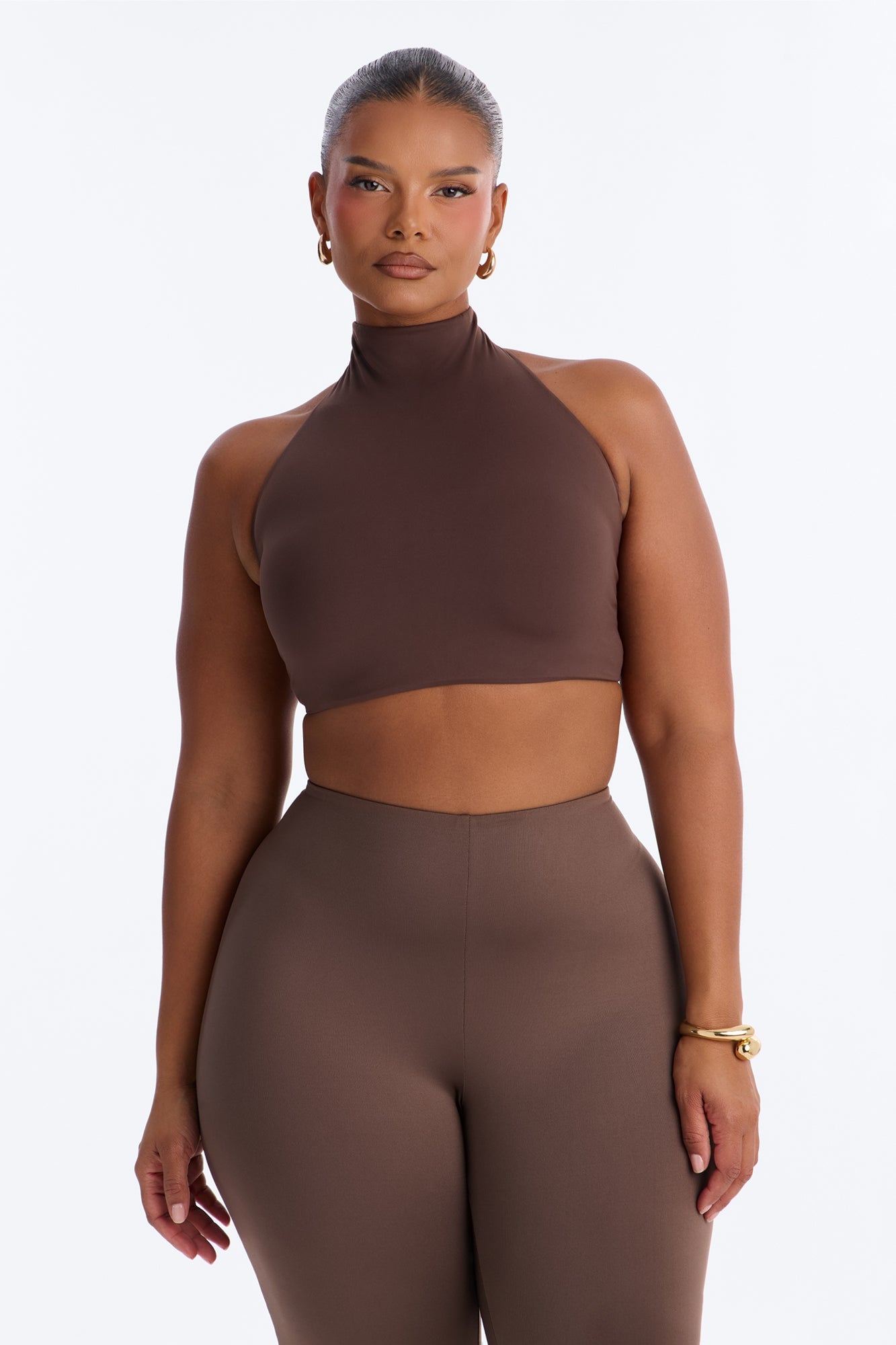 Second Skin Padded Backless Mock Neck Halter Top - Chocolate image 2