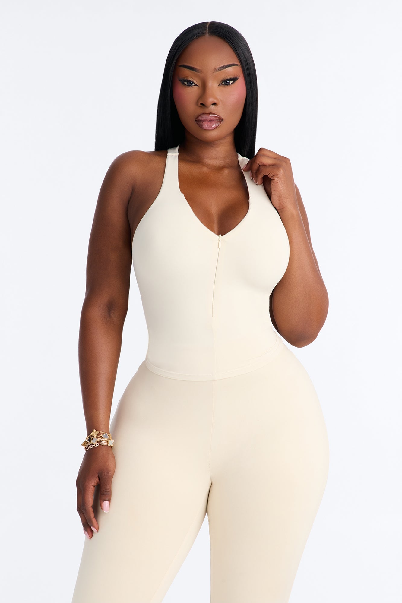 Second Skin Double Lined Front Zip Sleeveless Top - Bone image 1