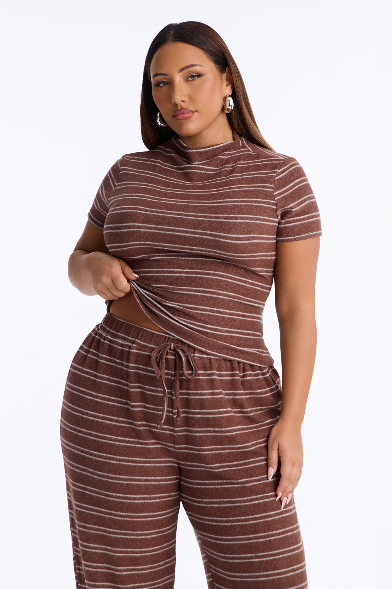 Hang Around Striped Hacci Pant Set - Mocha image 2