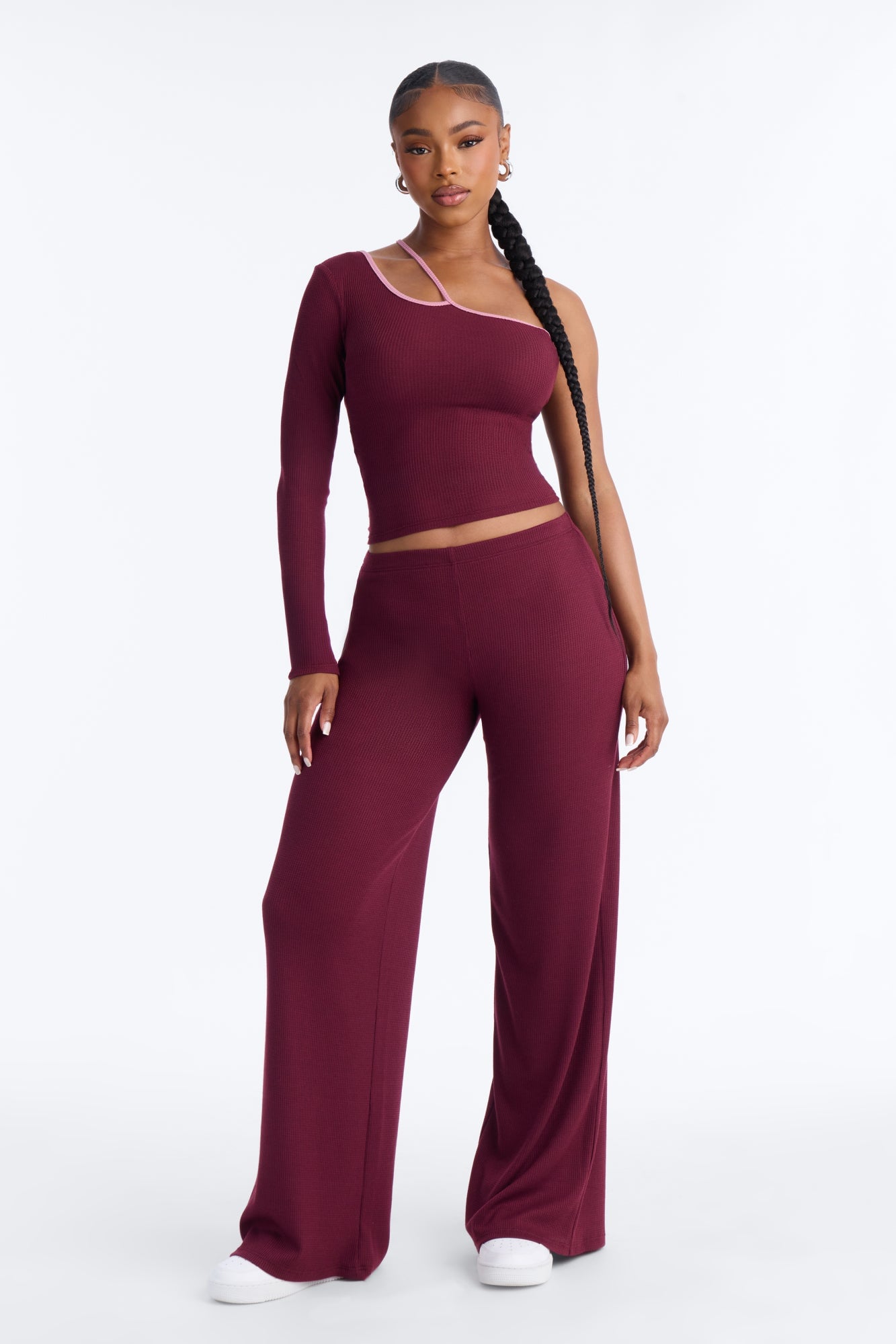 Holly Contrast Waffle Knit Pant Set - Burgundy/combo image 1