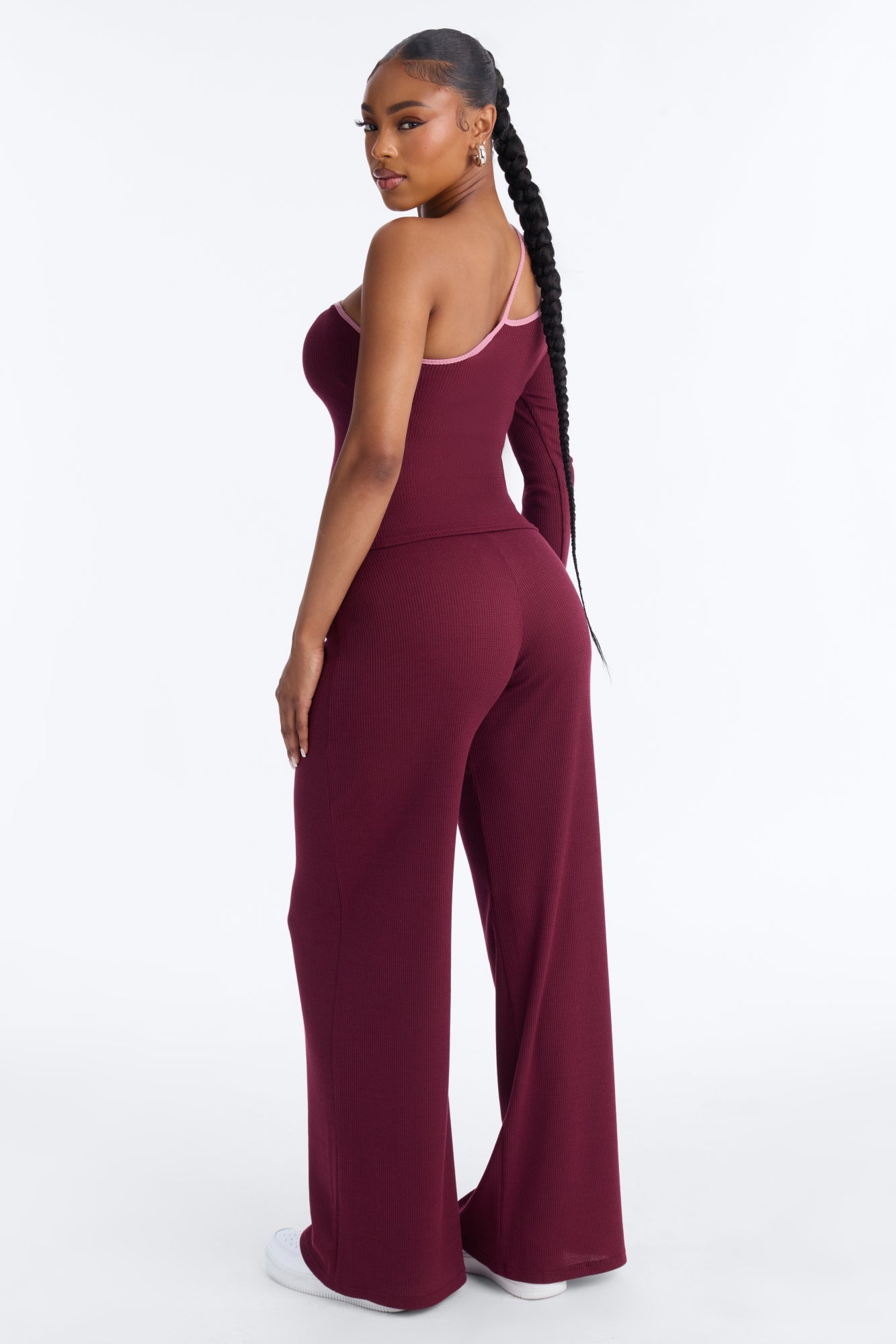 Holly Contrast Waffle Knit Pant Set - Burgundy/combo image 4