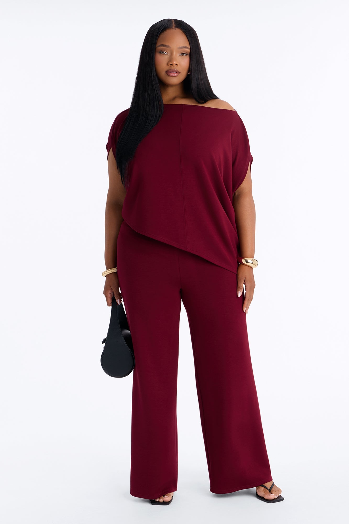 Alina One Shoulder Scuba Pant Set - Wine image 1