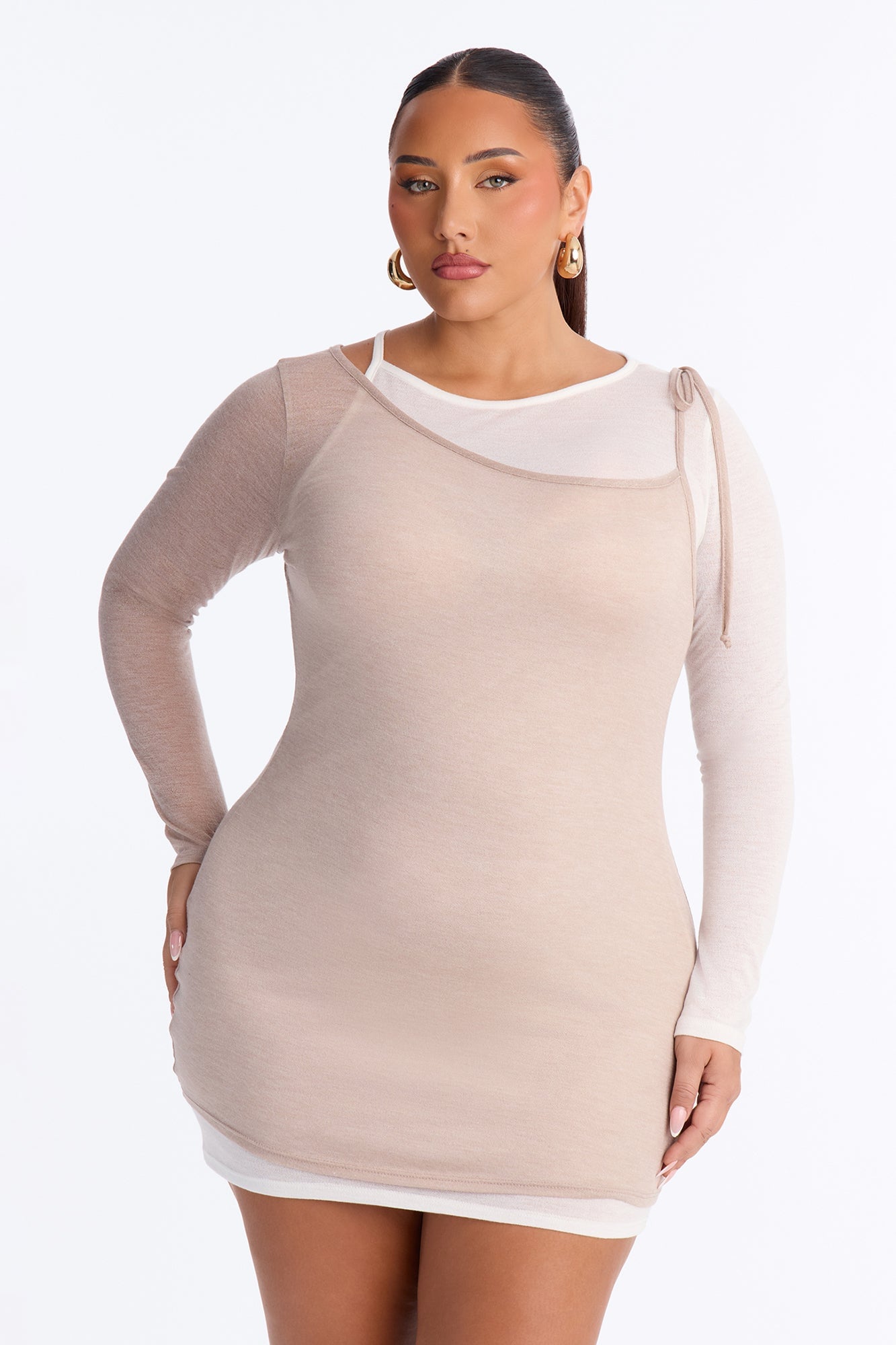 Kayla Soft Haze Tie Shoulder Mini Dress - Taupe/combo image 1