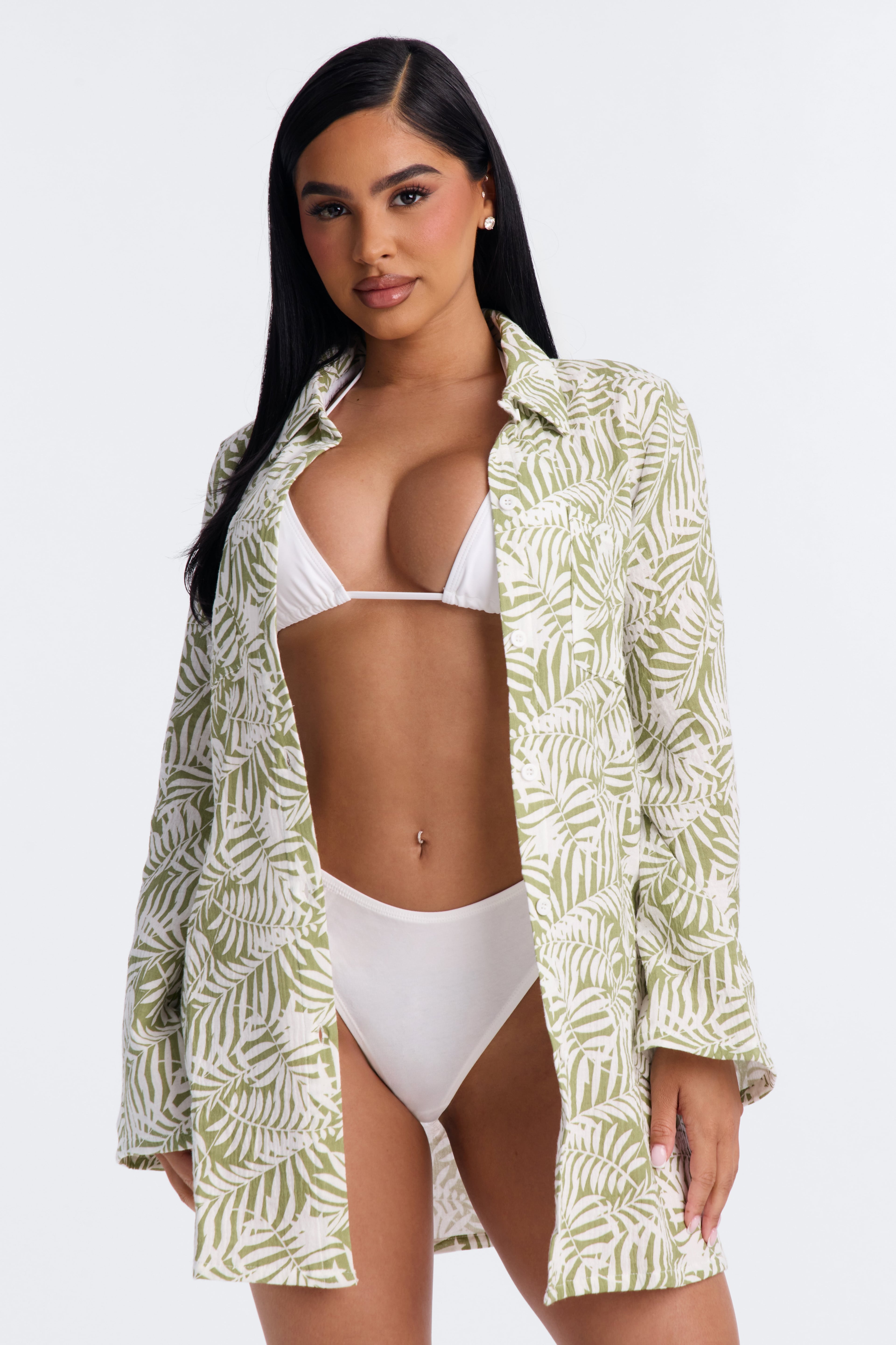 Sun Down Long Sleeve Cover Up Button Up Dress - Green image 1