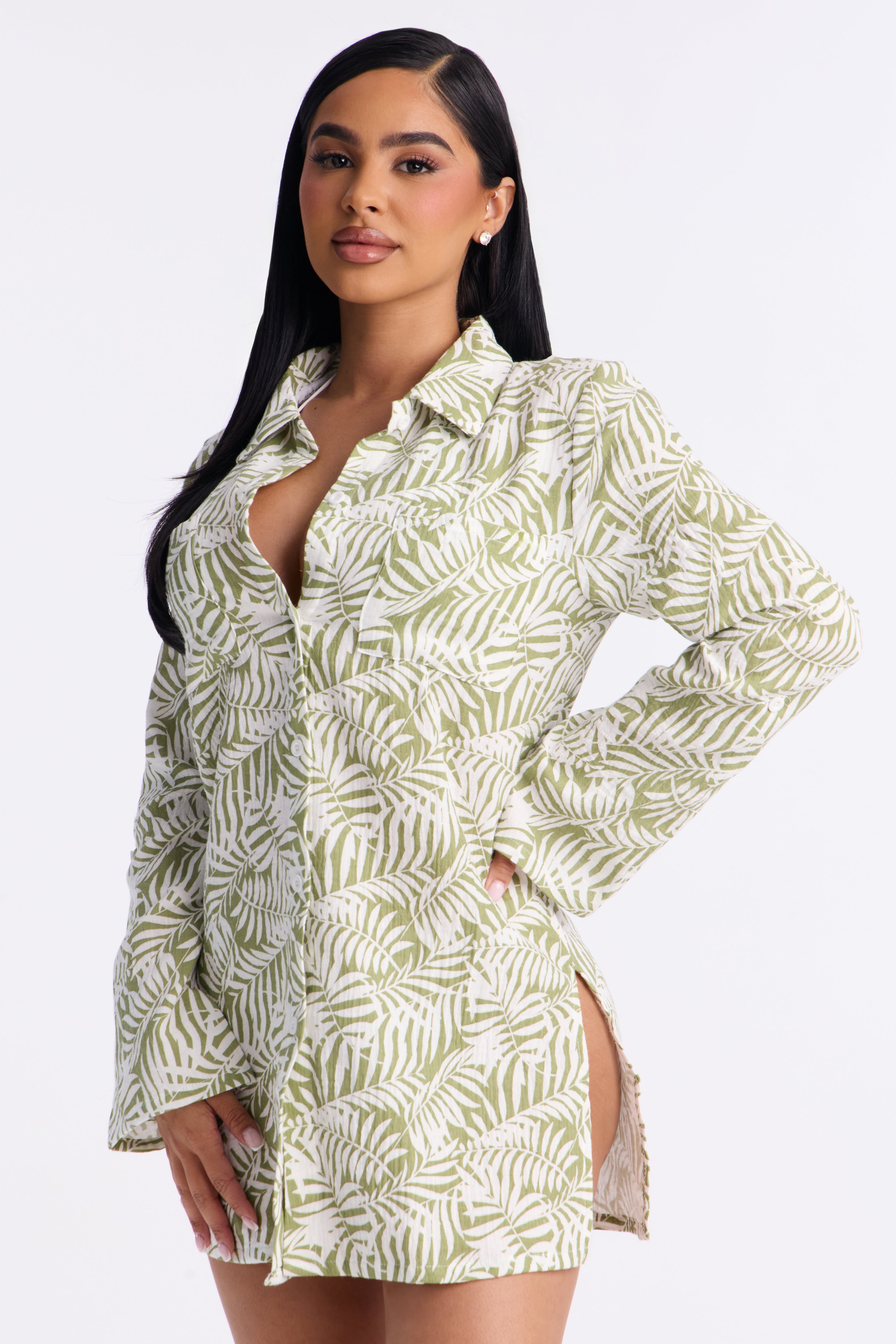 Sun Down Long Sleeve Cover Up Button Up Dress - Green image 4