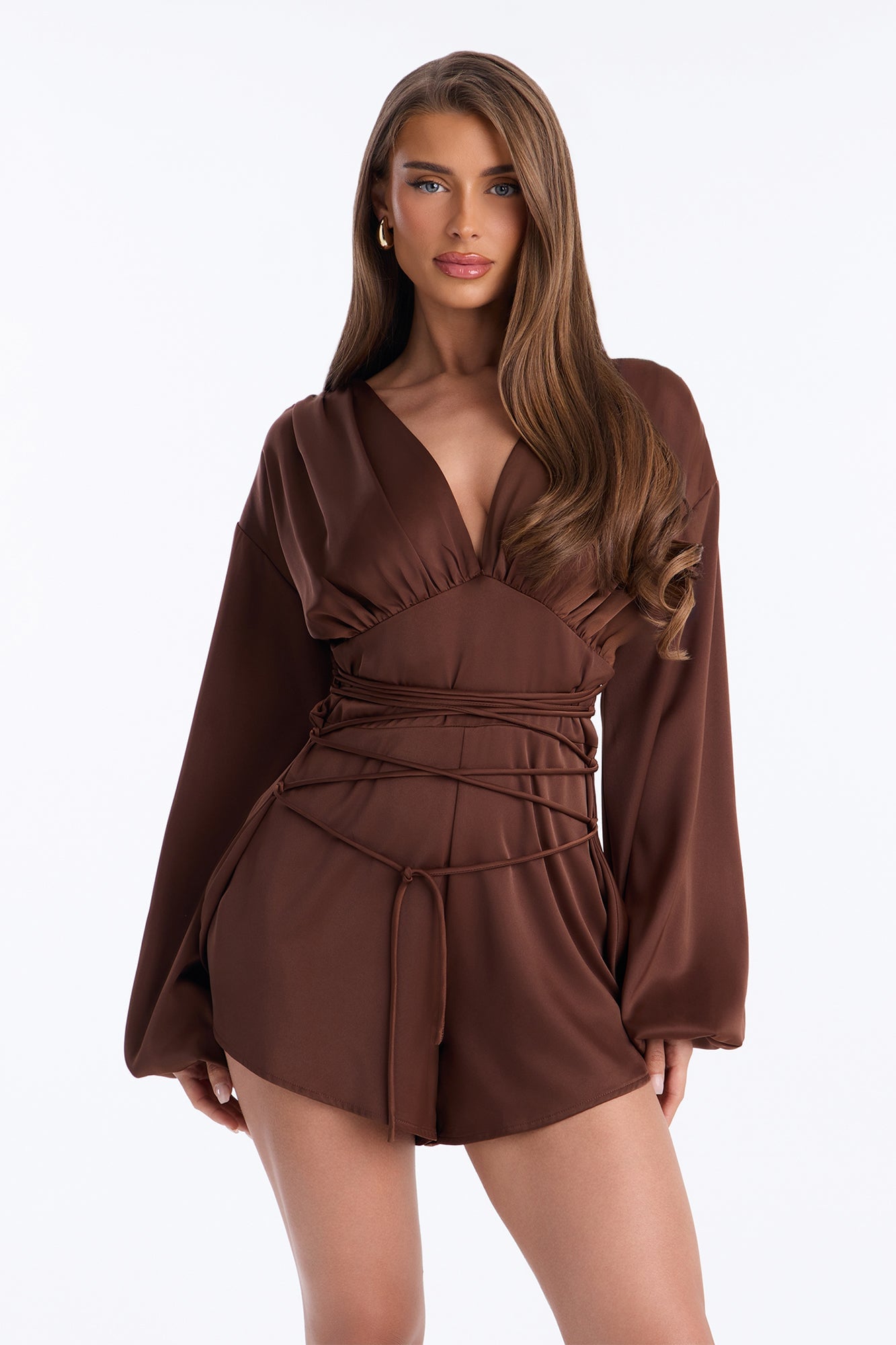 Mila Lace Up Satin Romper - Chocolate image 2