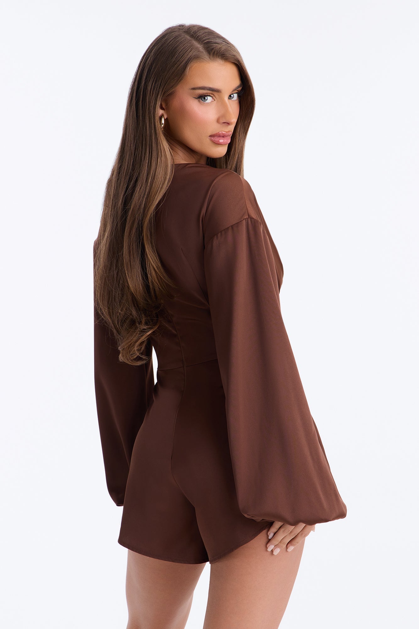 Mila Lace Up Satin Romper - Chocolate image 4