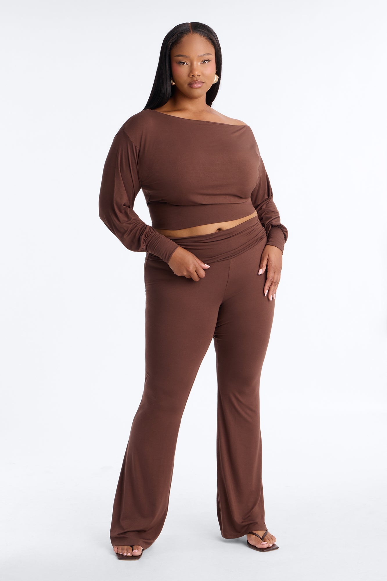 Annalise Ruched Foldover Pant Set - Brown image 1