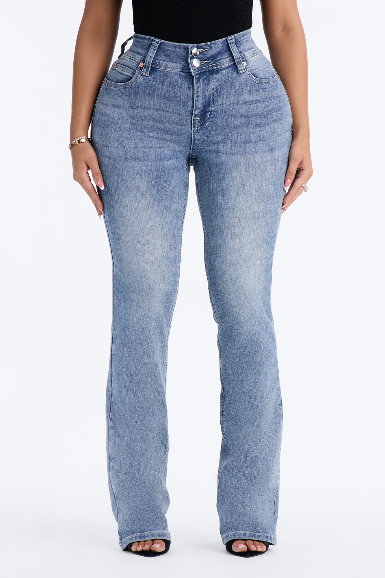 Tall Might Go Double Button Stretch Bootcut Jeans - Medium Wash image 7