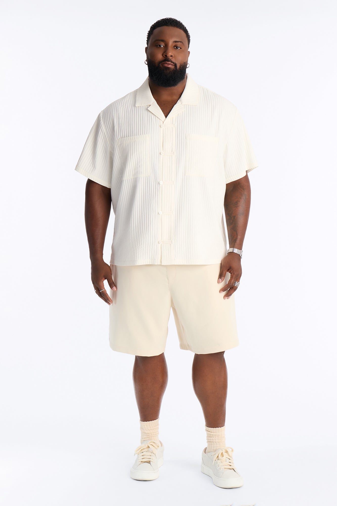 Relaxed Dynasty Cuban Collar Button Up Shirt - Cream image 2