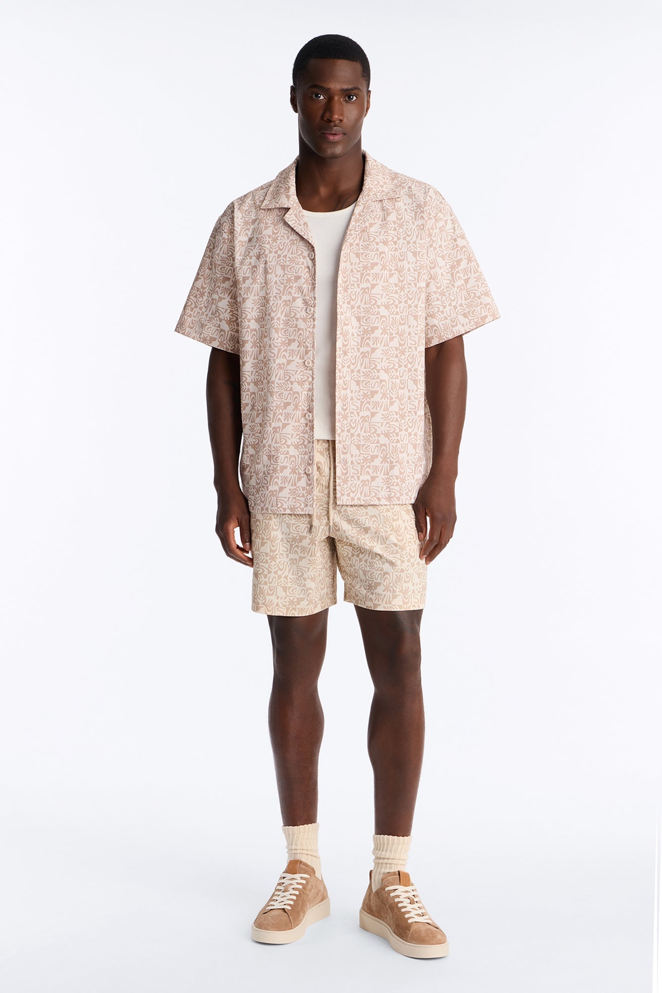 Relaxed Capri Checkered Cuban Collar Button Up Shirt - Taupe image 5