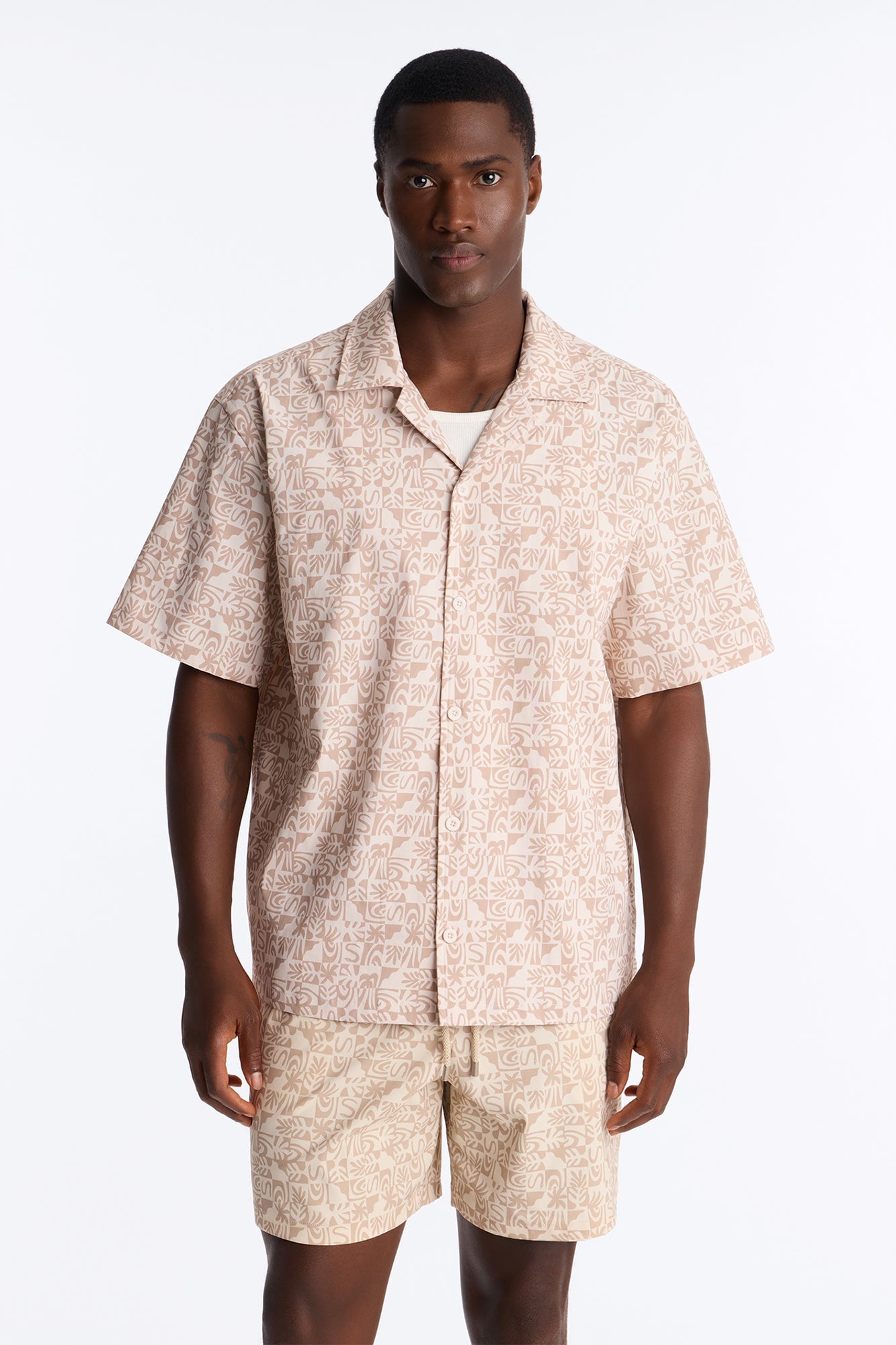 Relaxed Capri Checkered Cuban Collar Button Up Shirt - Taupe image 6