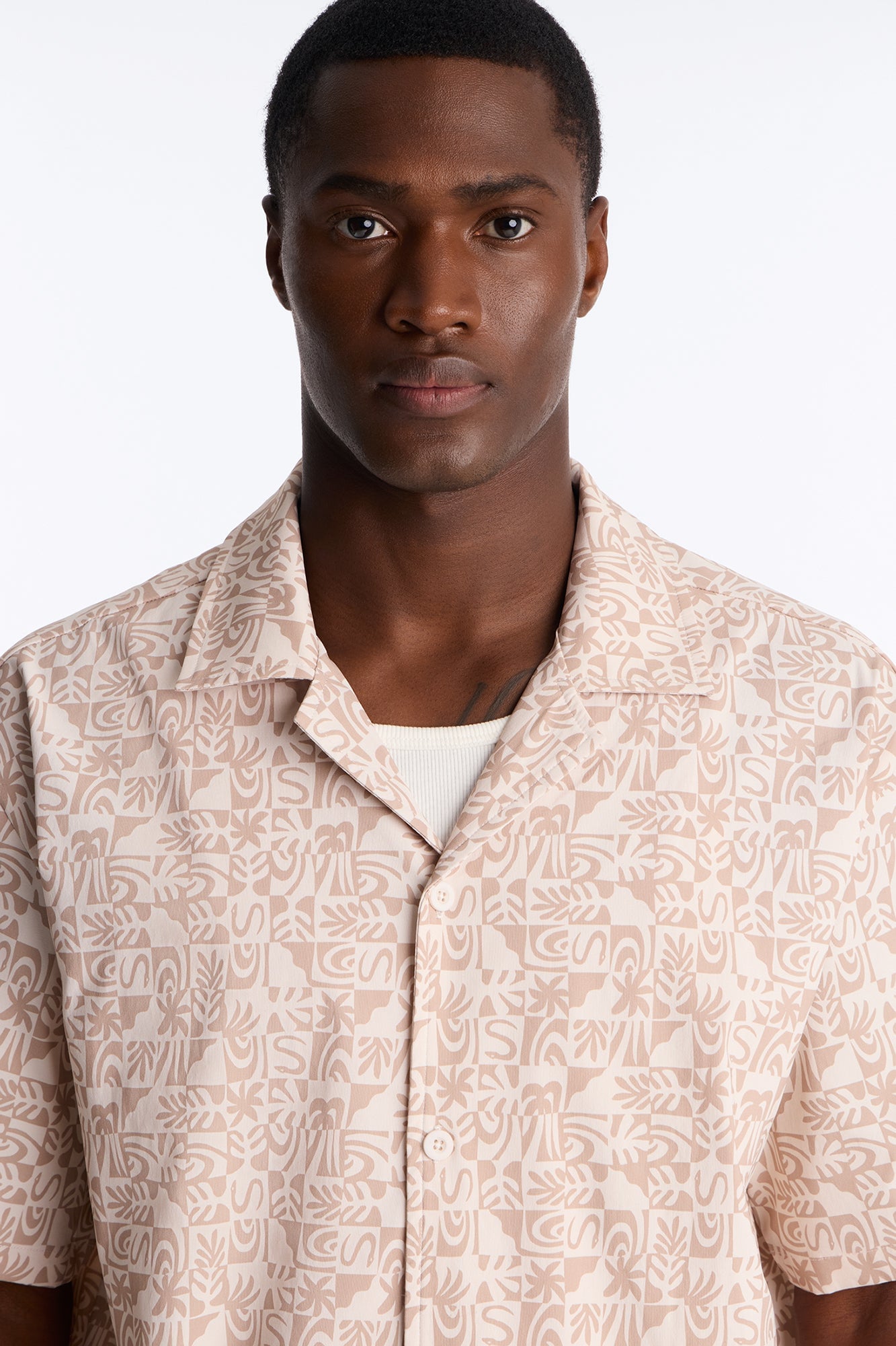 Relaxed Capri Checkered Cuban Collar Button Up Shirt - Taupe image 7