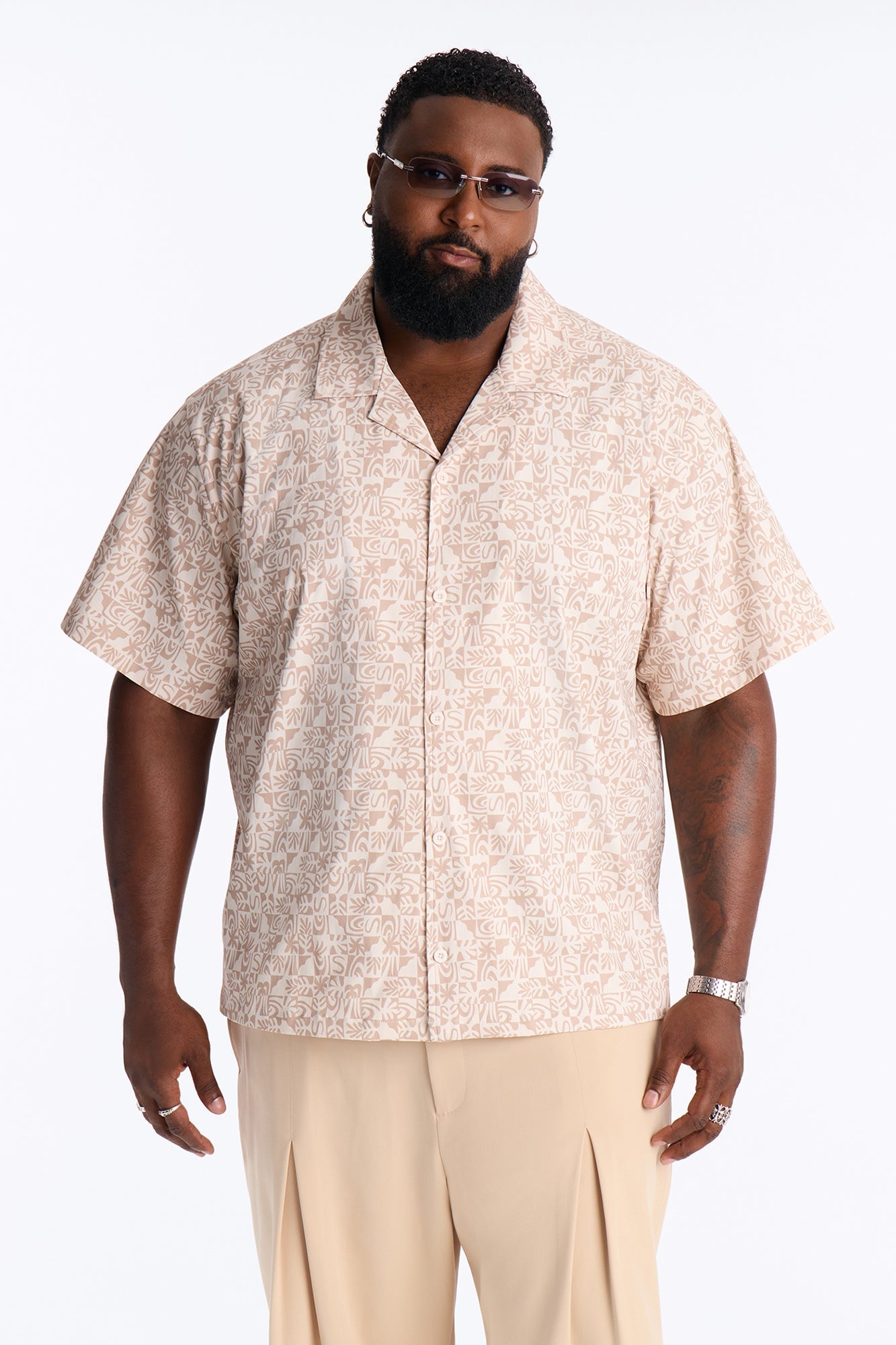 Relaxed Capri Checkered Cuban Collar Button Up Shirt - Taupe image 1