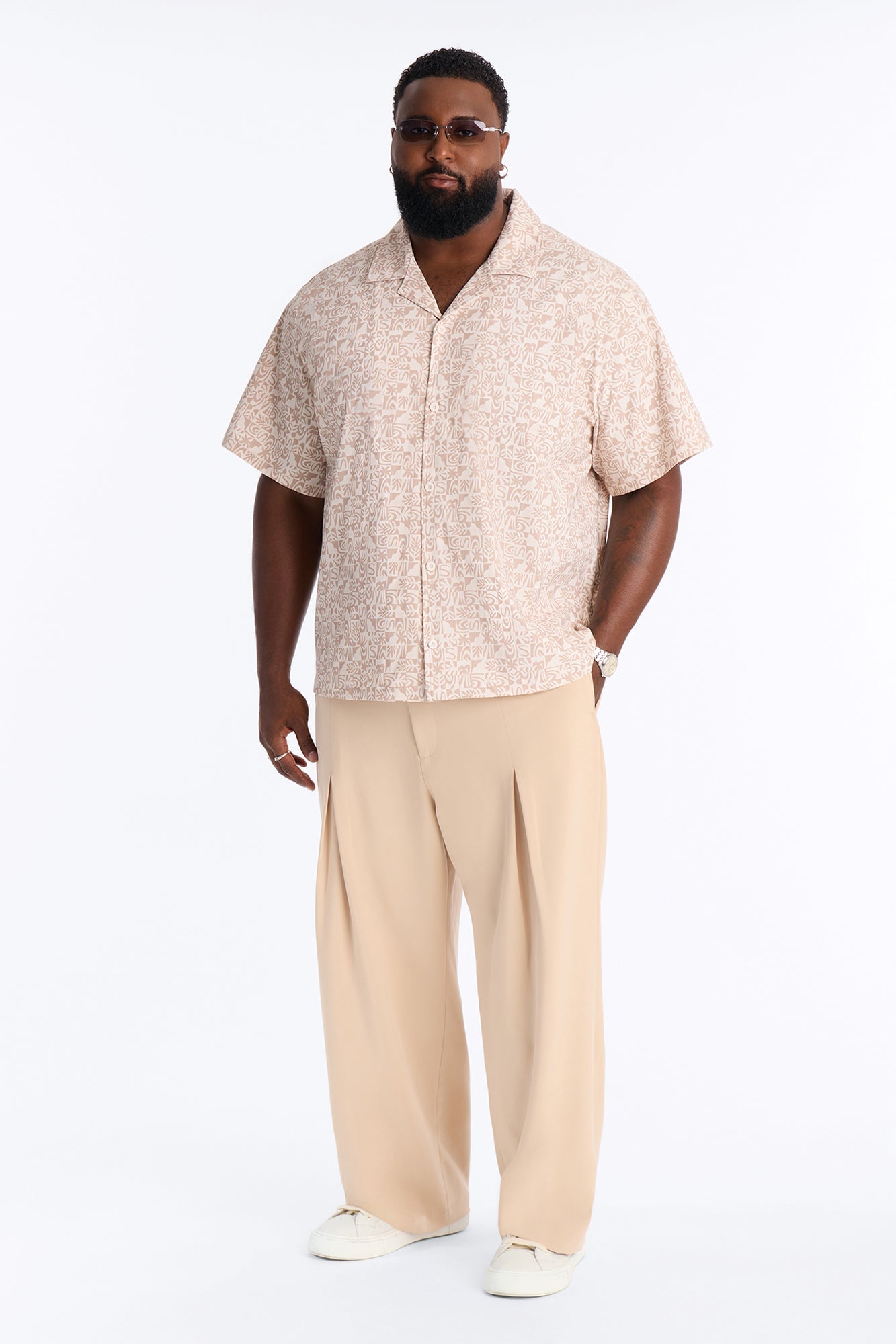Relaxed Capri Checkered Cuban Collar Button Up Shirt - Taupe image 2