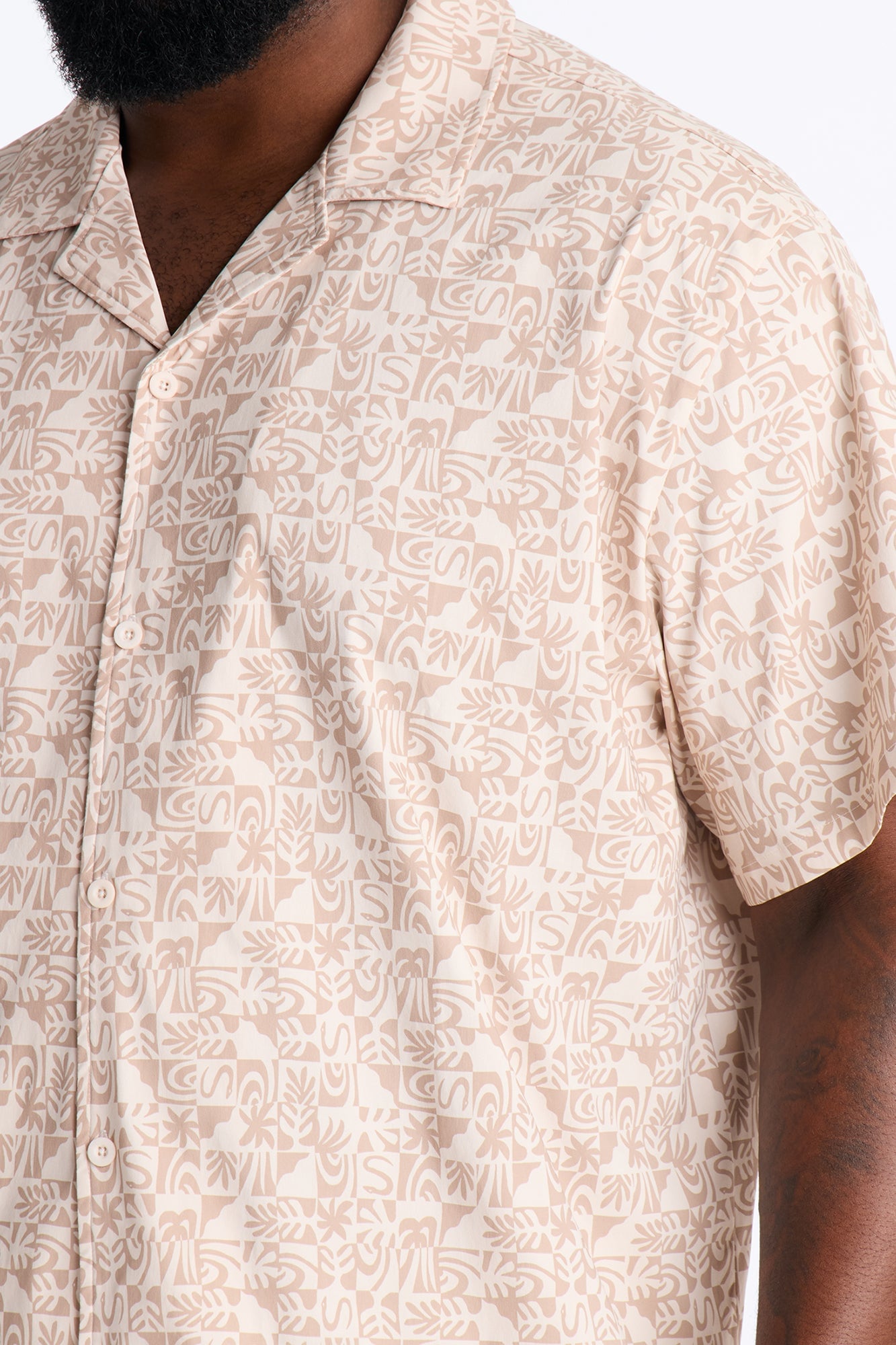 Relaxed Capri Checkered Cuban Collar Button Up Shirt - Taupe image 4