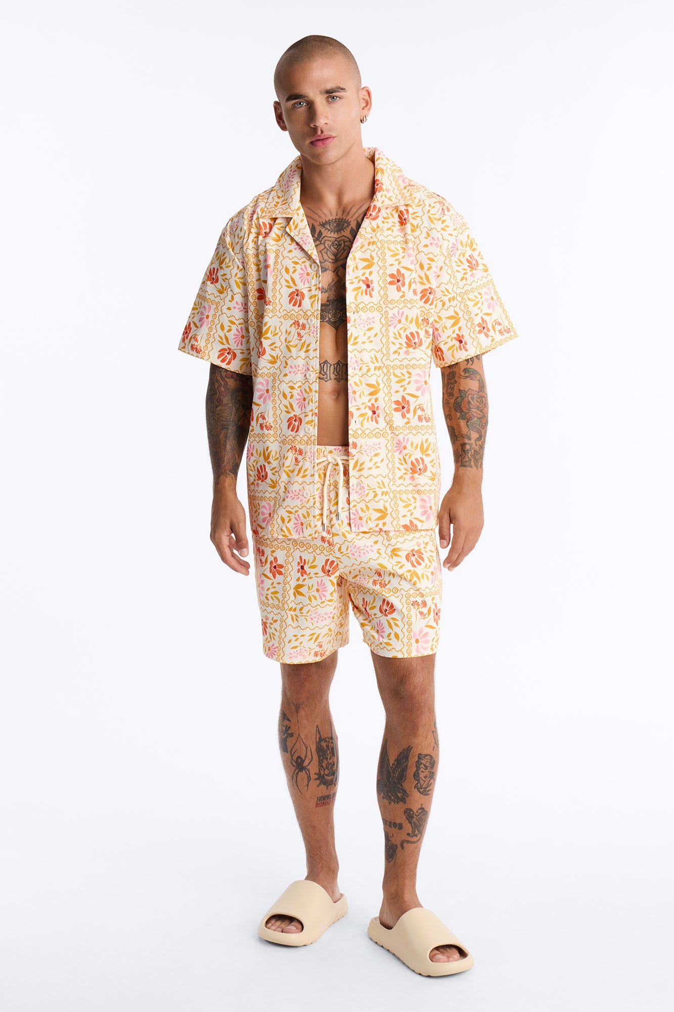 Relaxed Gardenia Cuban Collar Button Up Shirt - Orange/combo image 5
