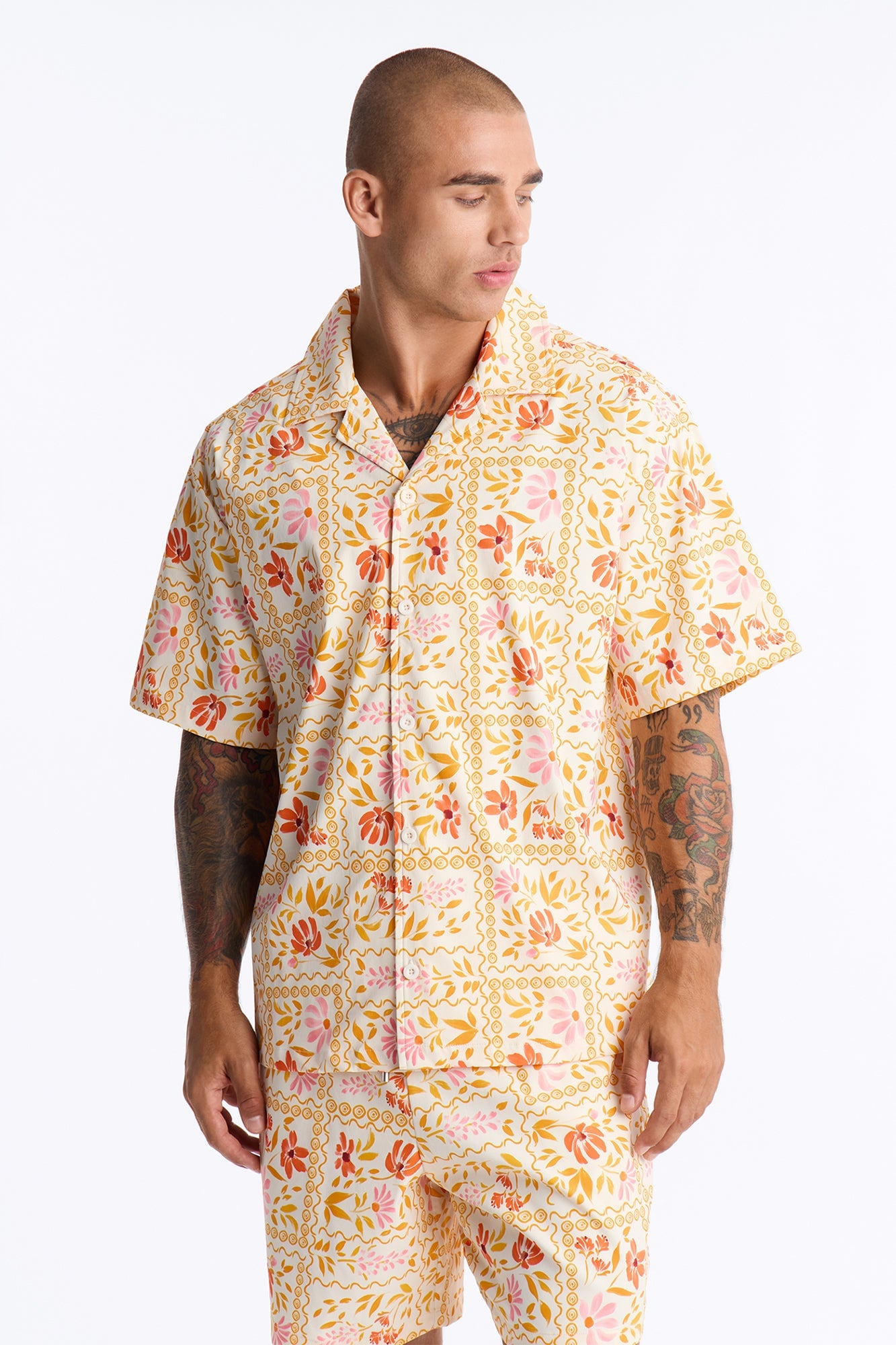 Relaxed Gardenia Cuban Collar Button Up Shirt - Orange/combo image 6