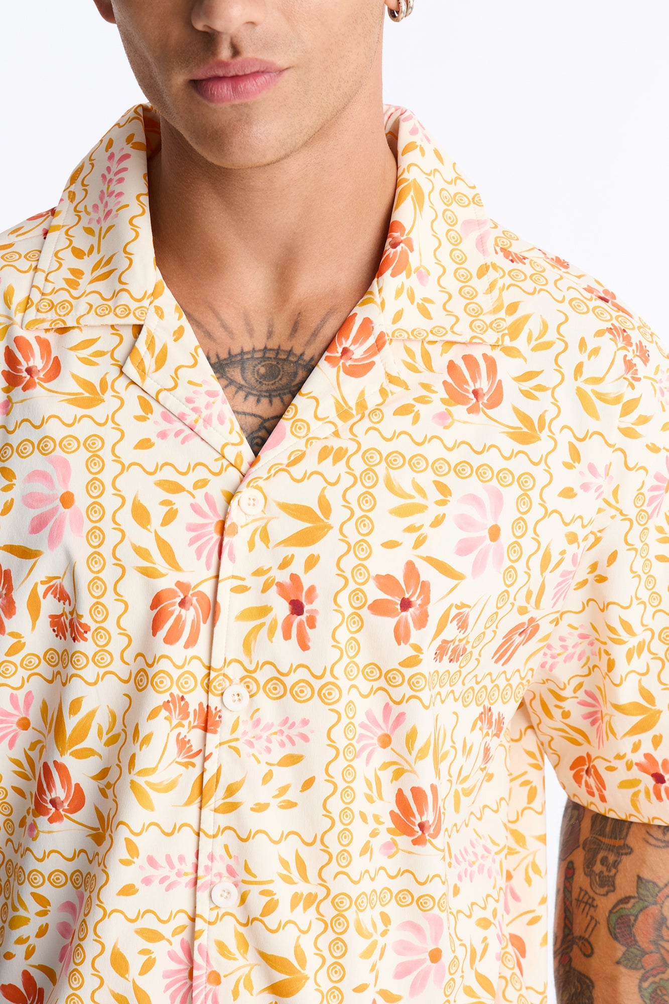 Relaxed Gardenia Cuban Collar Button Up Shirt - Orange/combo image 8