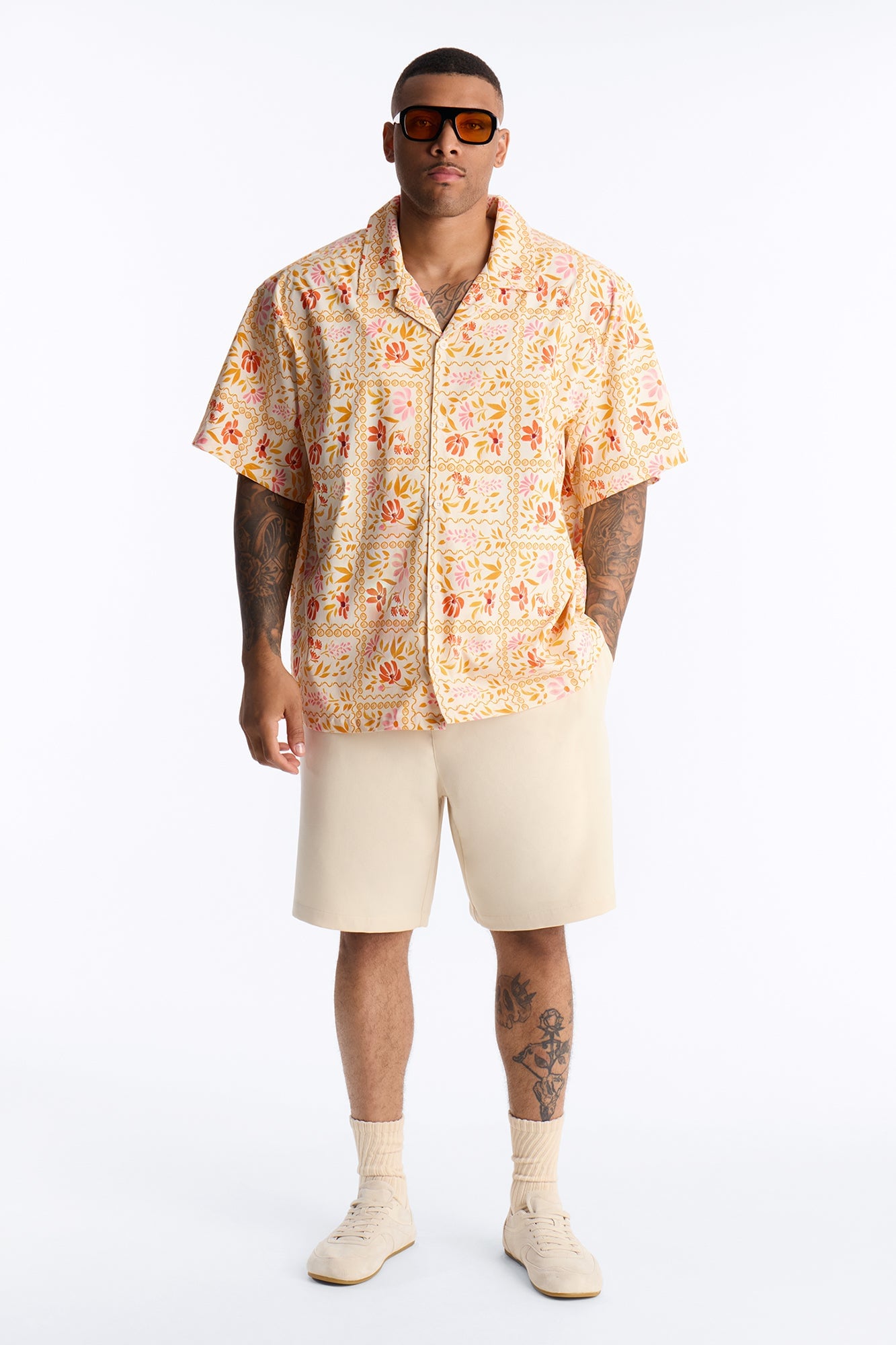 Relaxed Gardenia Cuban Collar Button Up Shirt - Orange/combo image 2