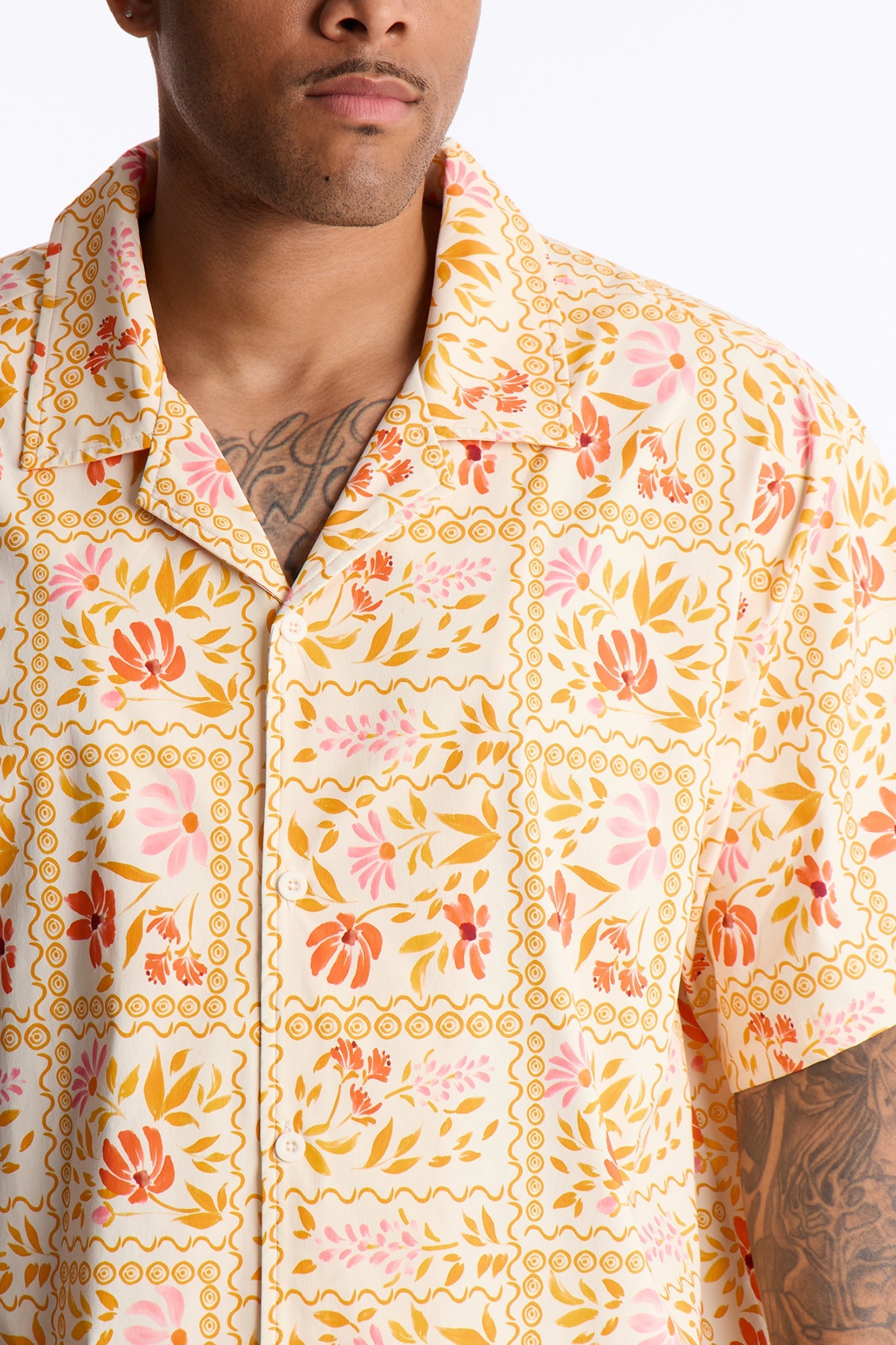 Relaxed Gardenia Cuban Collar Button Up Shirt - Orange/combo image 4