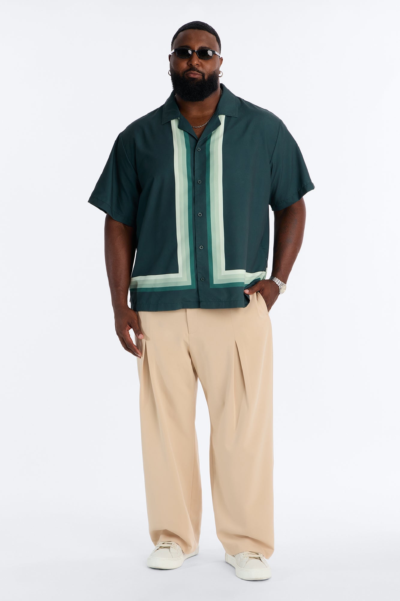 Level Up Relaxed Cuban Collar Button Up Shirt - Green/combo image 2
