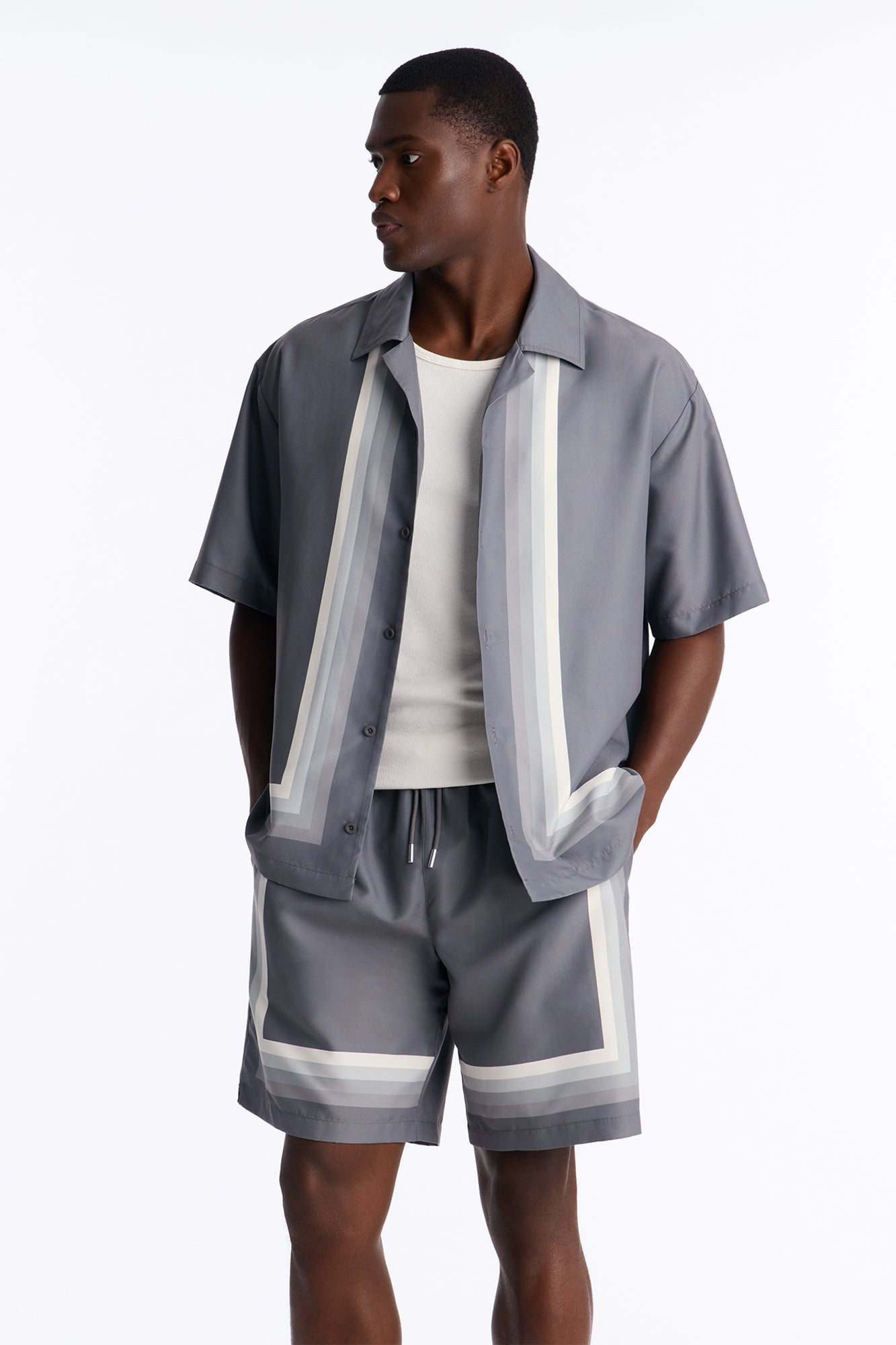Level Up Relaxed Cuban Collar Button Up Shirt - Grey/combo image 5