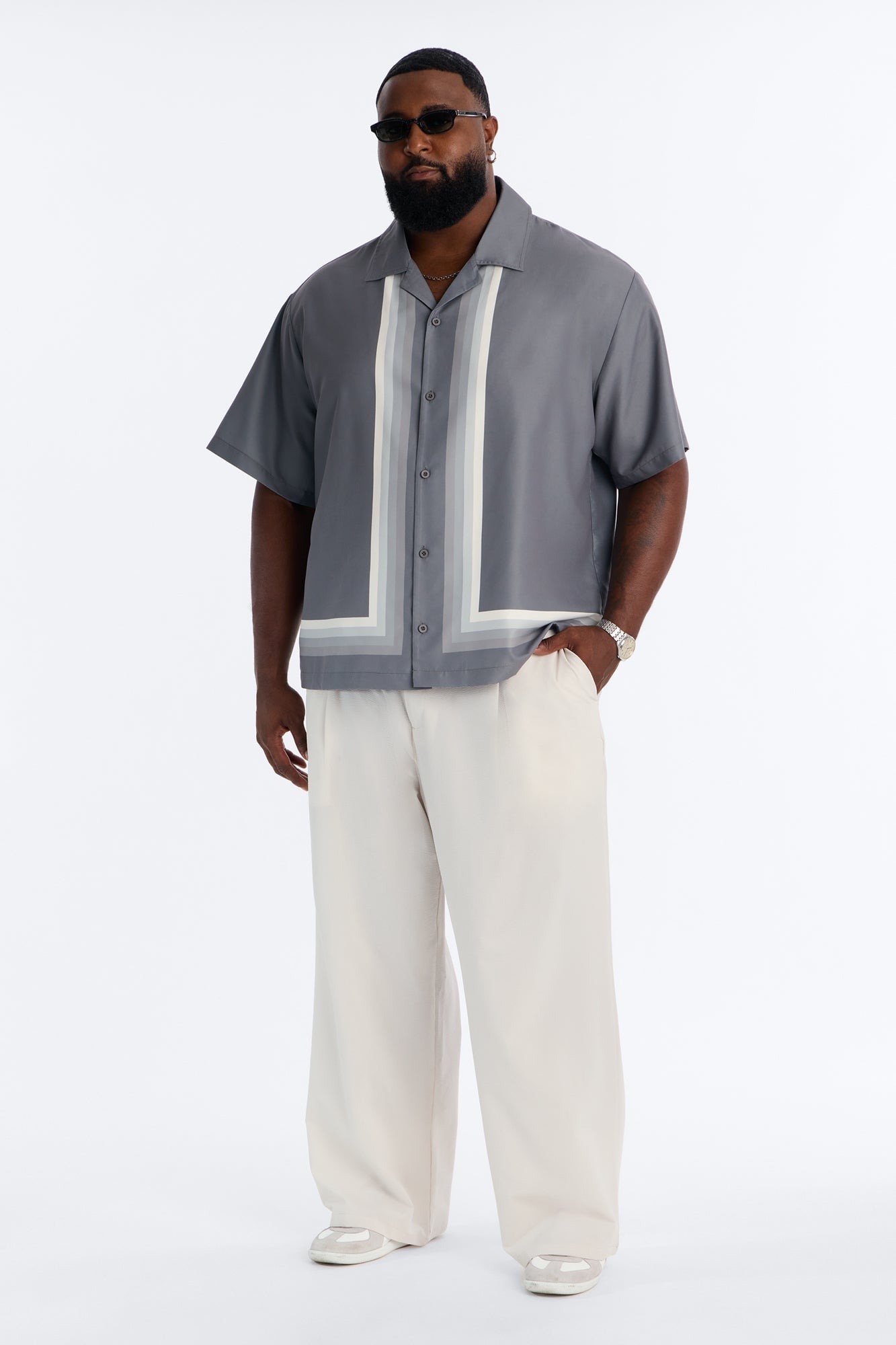 Level Up Relaxed Cuban Collar Button Up Shirt - Grey/combo image 2