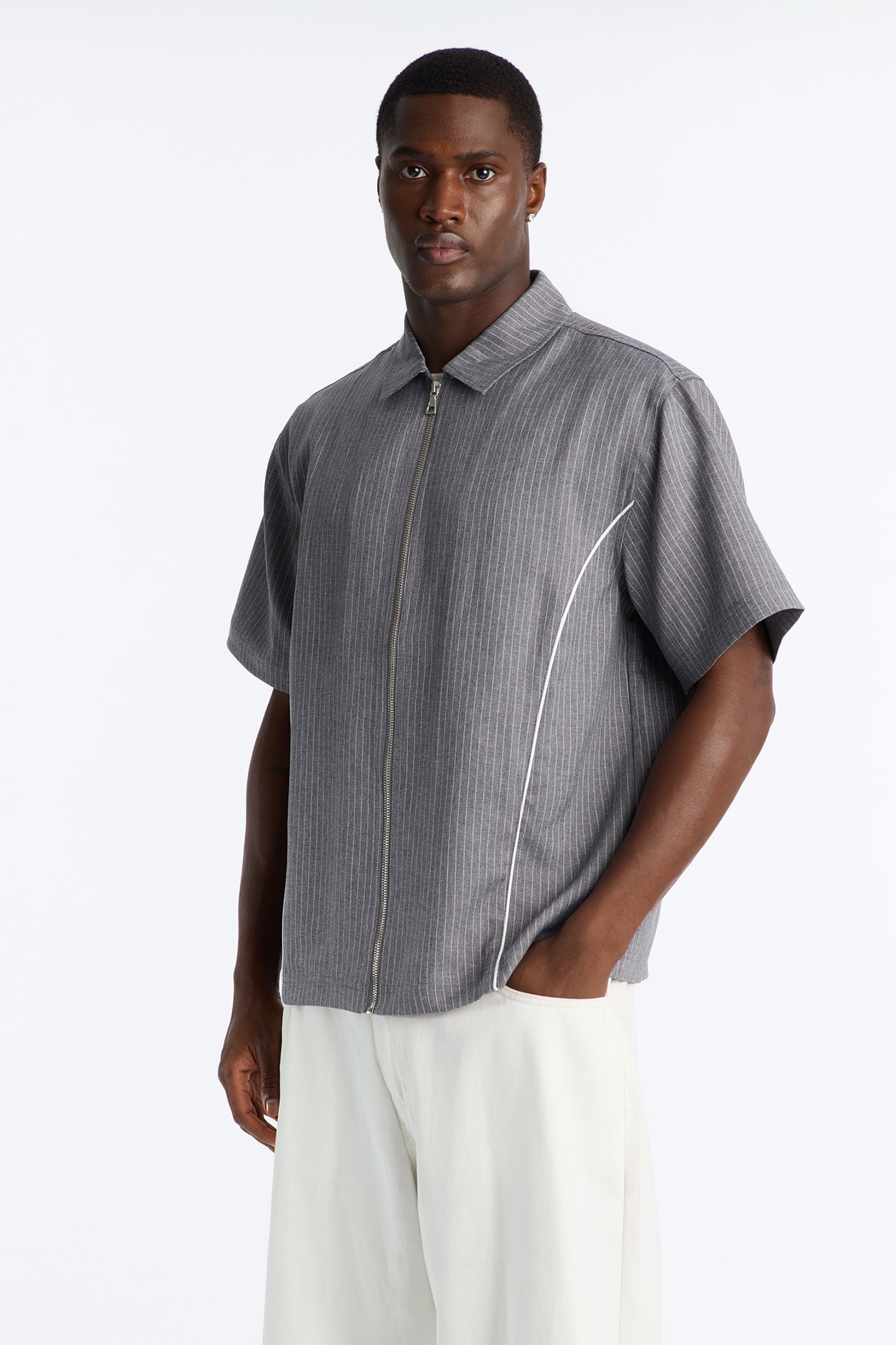 Relaxed Collegiate Pinstripe Zip Up Shirt - Grey/combo image 5