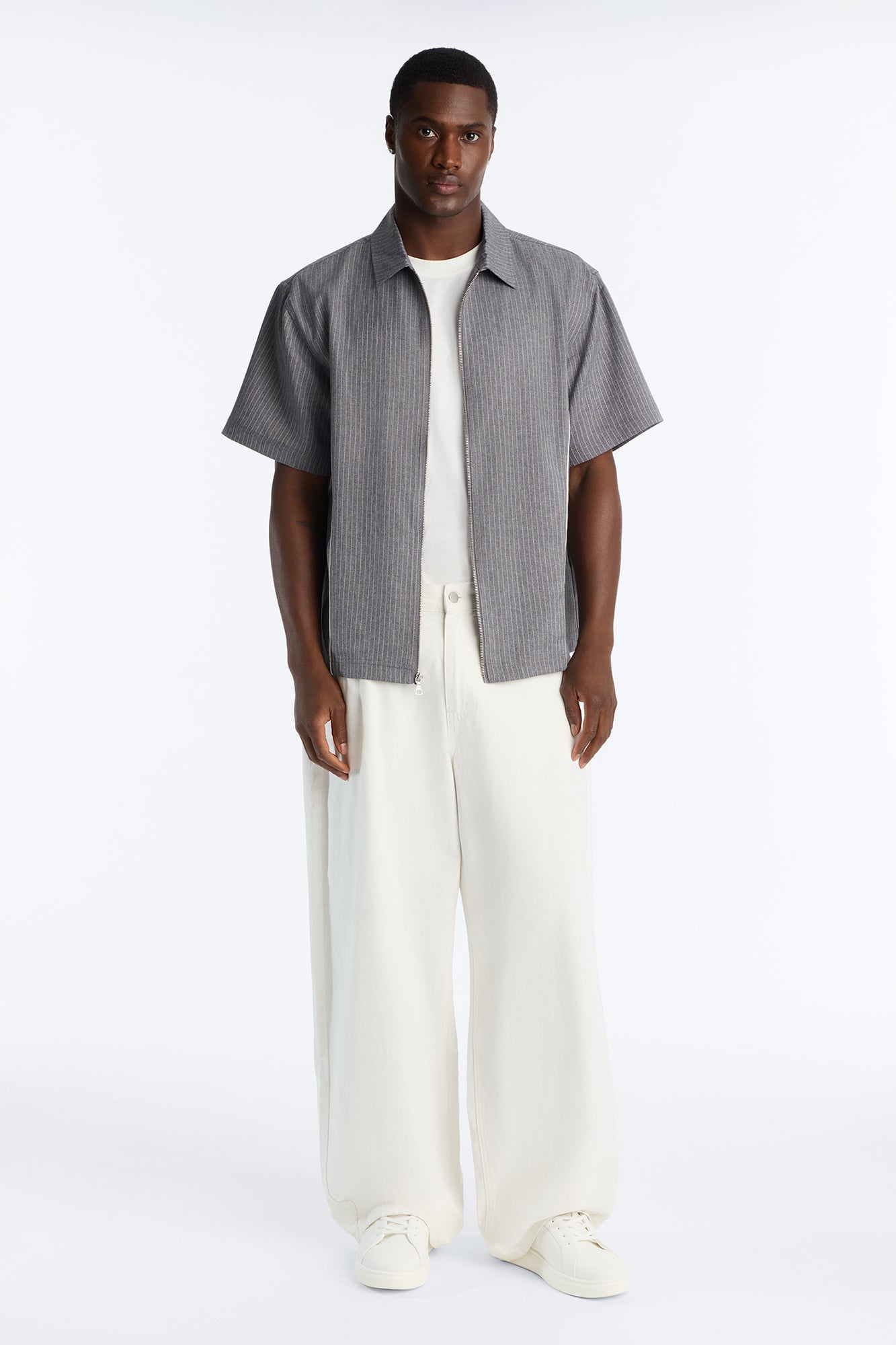 Relaxed Collegiate Pinstripe Zip Up Shirt - Grey/combo image 6