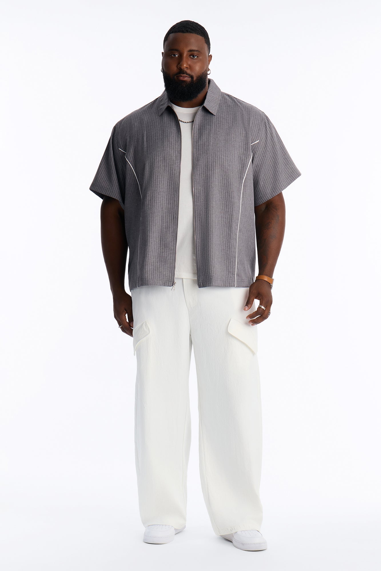 Relaxed Collegiate Pinstripe Zip Up Shirt - Grey/combo image 2