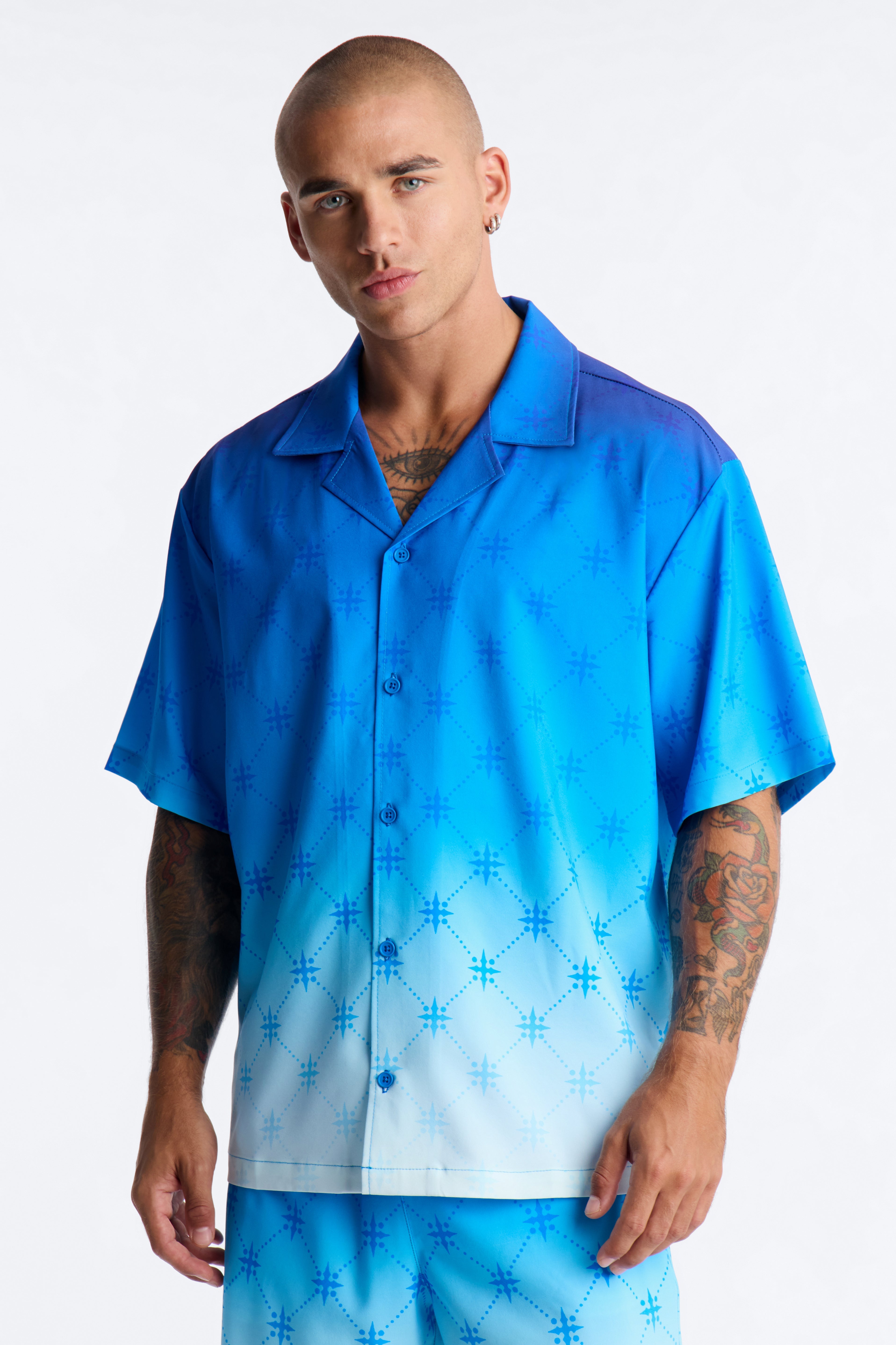 Relaxed Velare Ombre Cuban Collar Button Up Shirt - Blue image 5