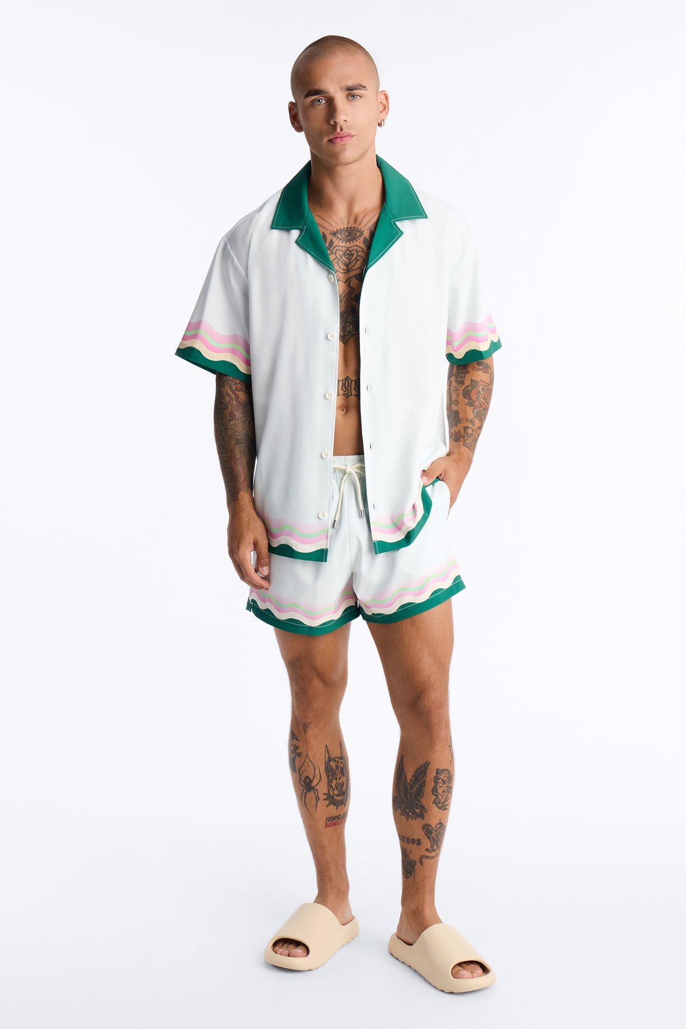 Relaxed Maison Riviera Border Print Cuban Collar Button Up Shirt - Green/combo image 6