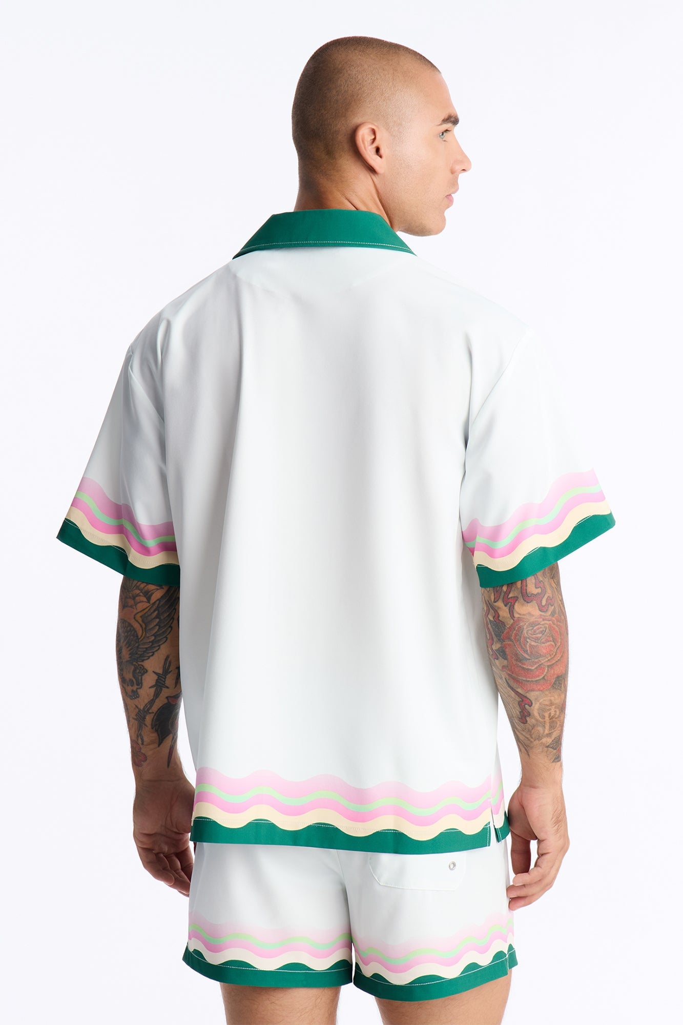 Relaxed Maison Riviera Border Print Cuban Collar Button Up Shirt - Green/combo image 8