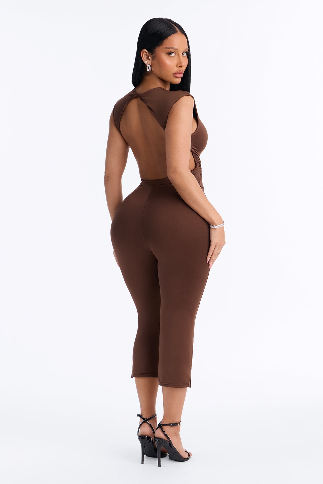 Kelly Open Back Capri Jumpsuit - Chocolate image 4