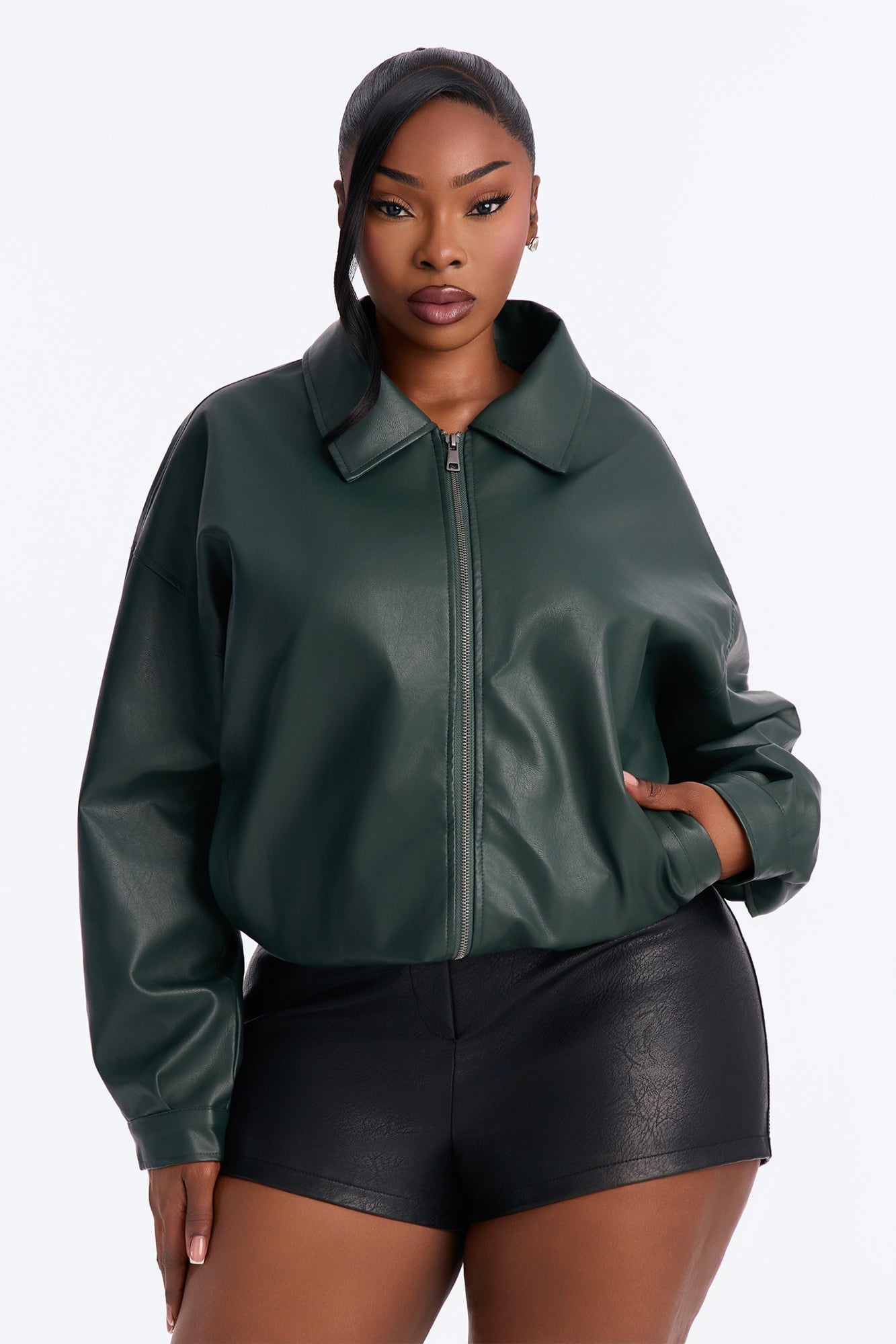 Hustle Mode Oversized Faux Leather Jacket - Hunter image 2
