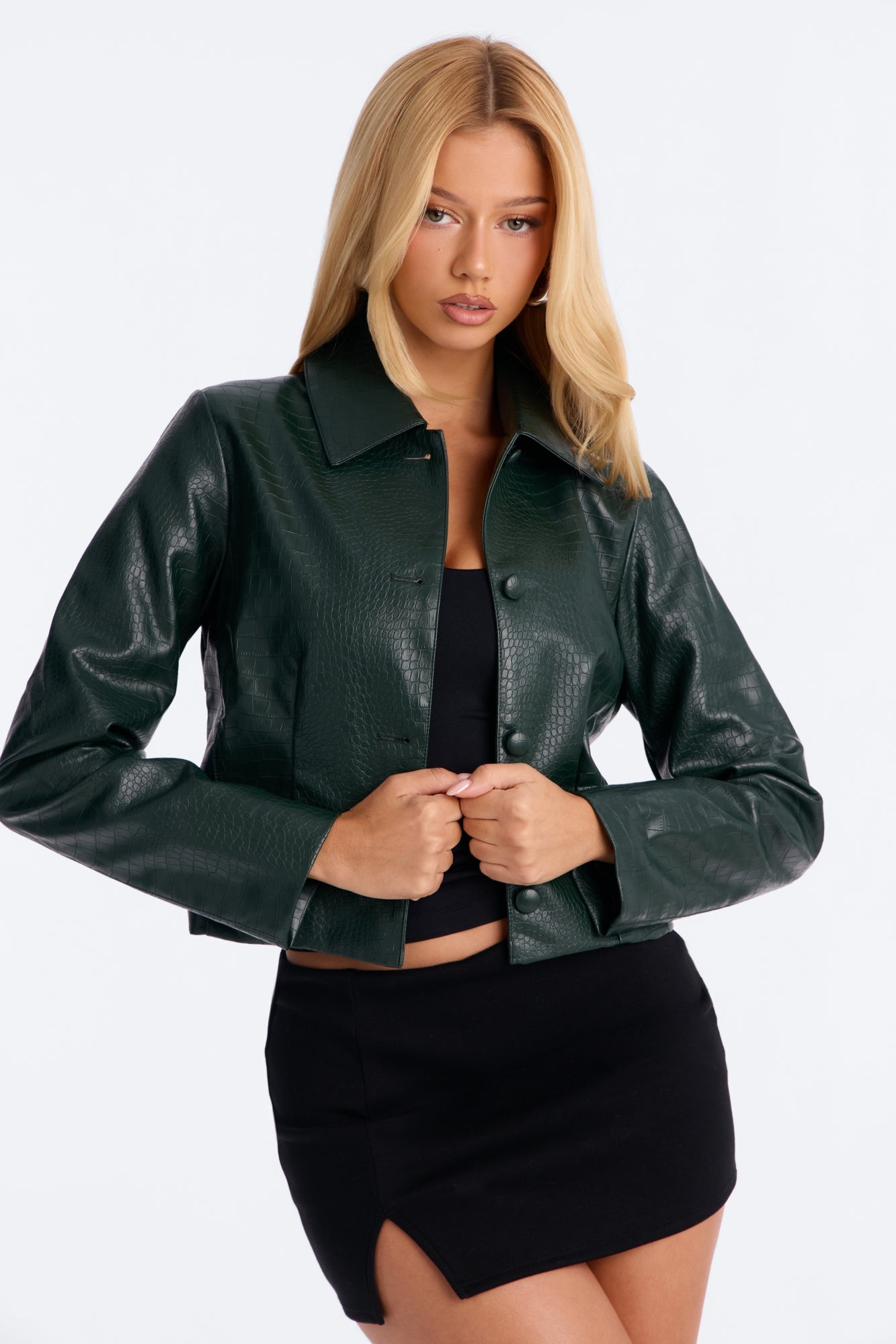 Gina Croc Faux Leather Jacket - Hunter image 7