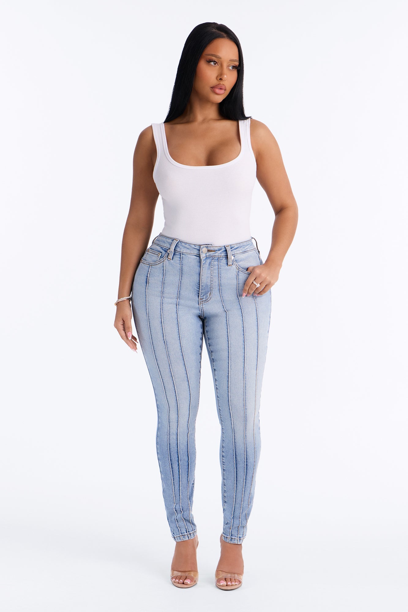 Paris Pintucks High Rise Stretch Skinny Jeans - Light Wash image 5