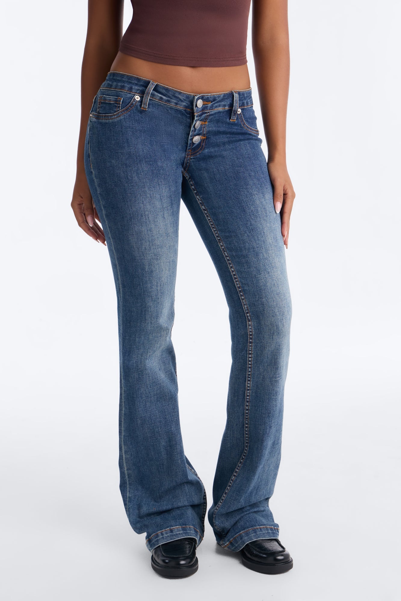 Take A Ride Ultra Low Rise Buttonfly Flare Jeans - Dark Wash image 1