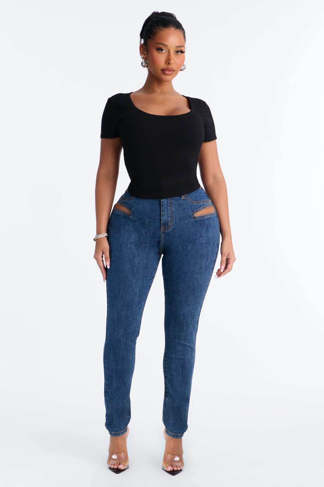 Late Nights Cut Out High Rise Skinny Jeans - Dark Wash image 6