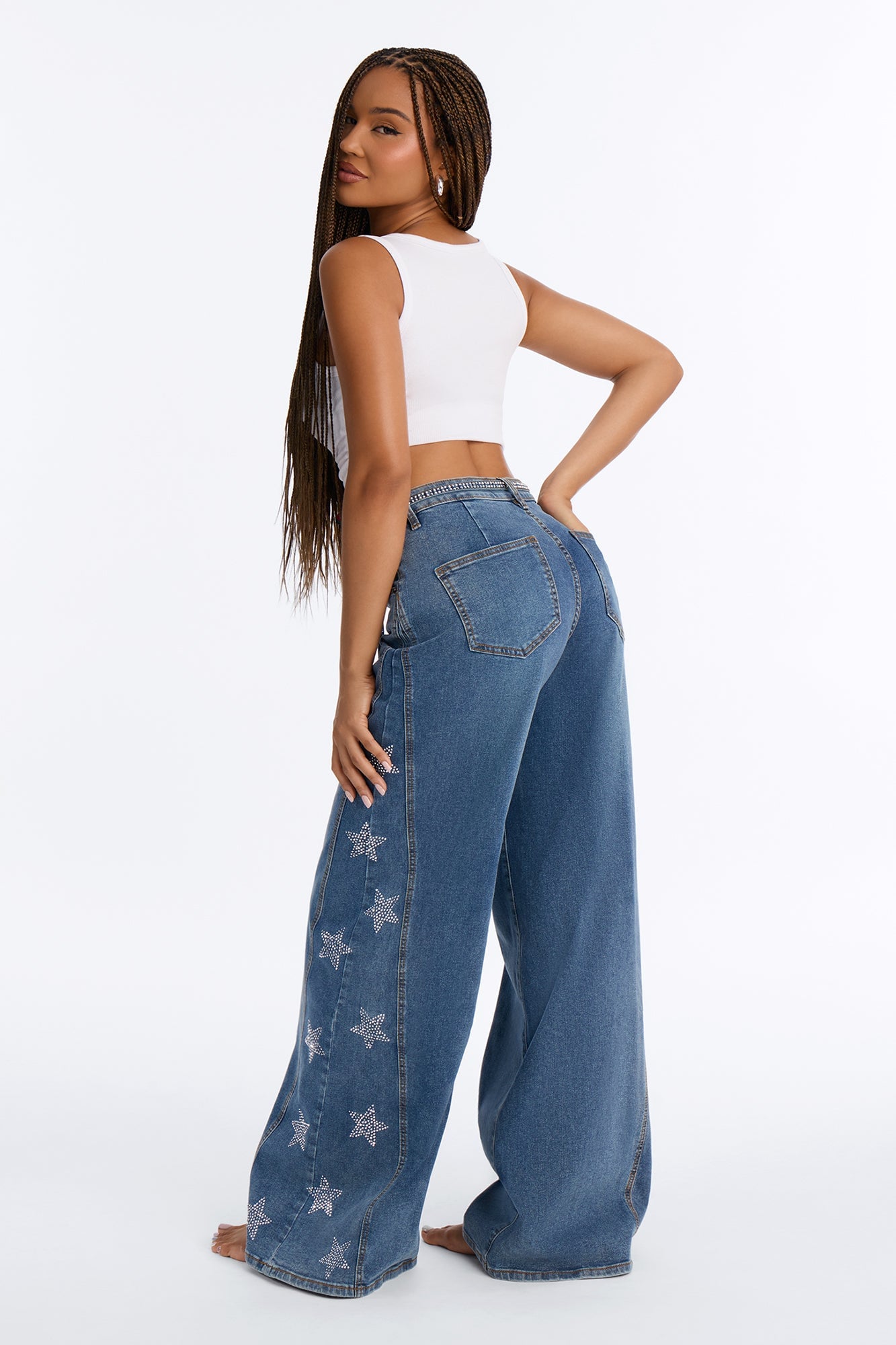 Seeing Stars Embellished Belted Wide Leg Jeans - Medium Wash image 4