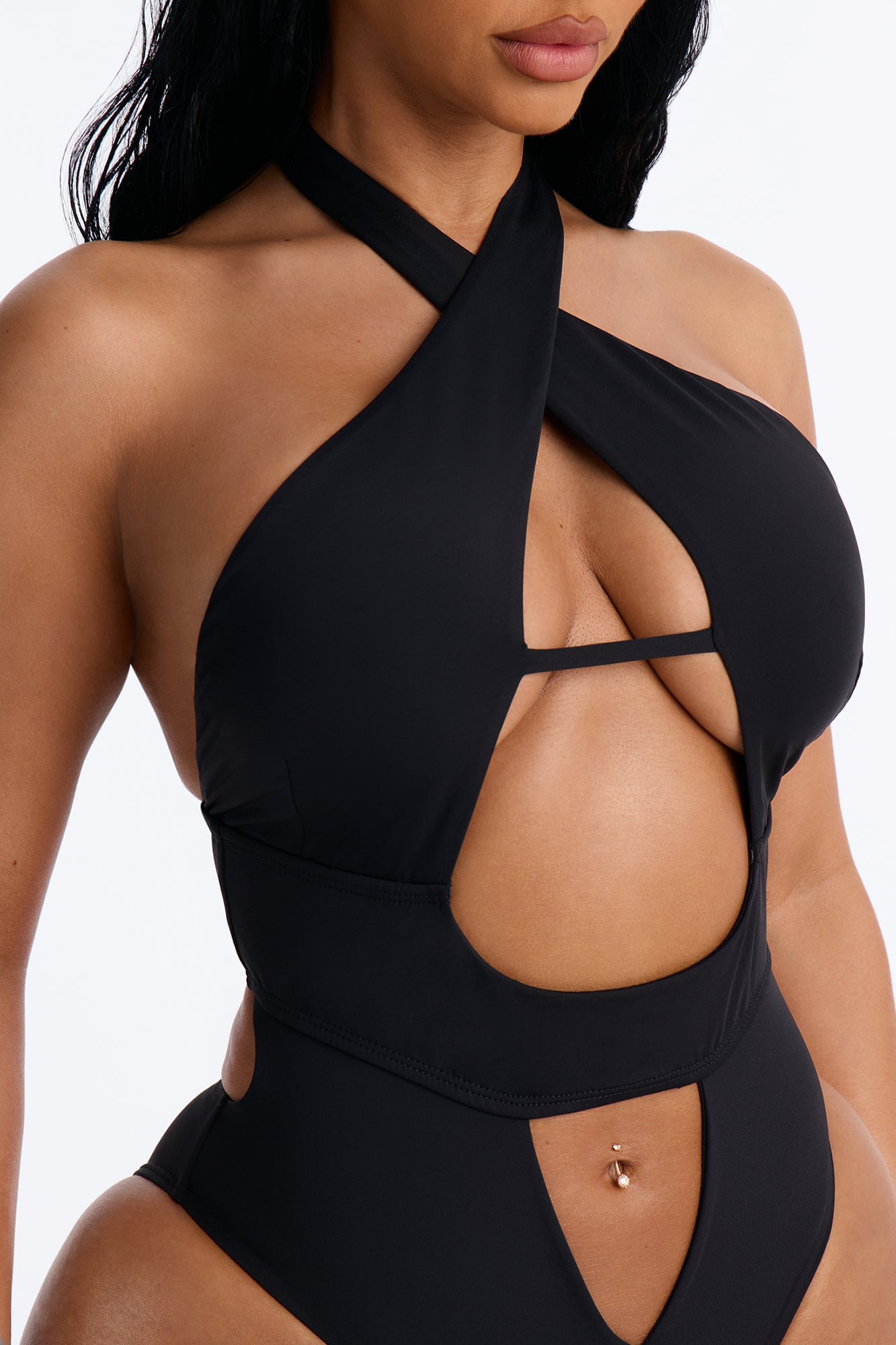 Peeking Through Halter Cut Out 1 Piece Swimsuit - Black image 2