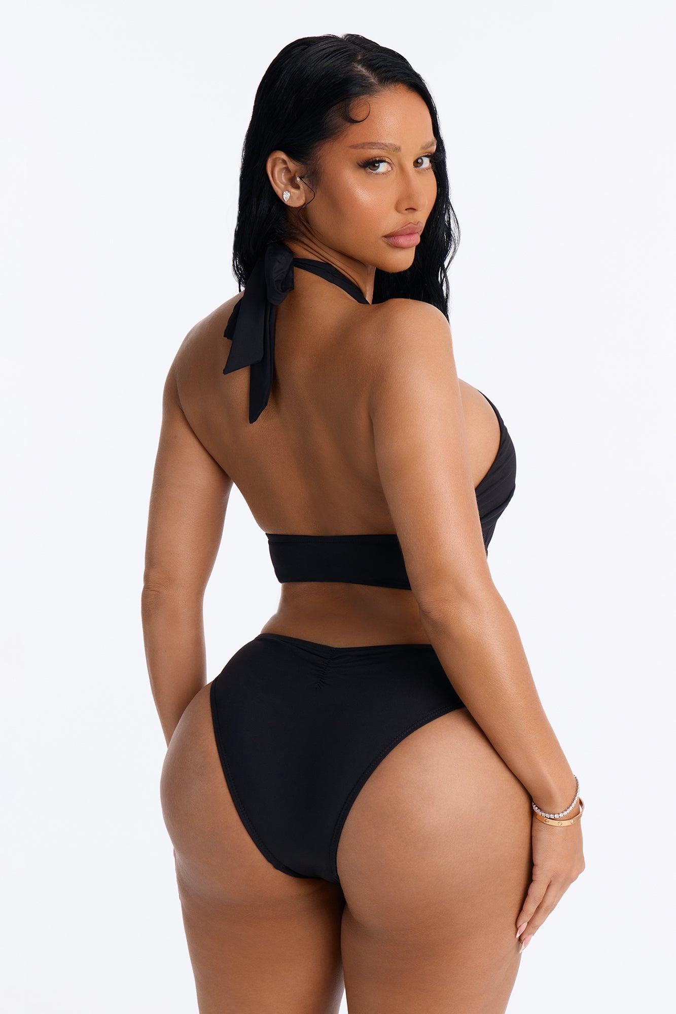 Peeking Through Halter Cut Out 1 Piece Swimsuit - Black image 3
