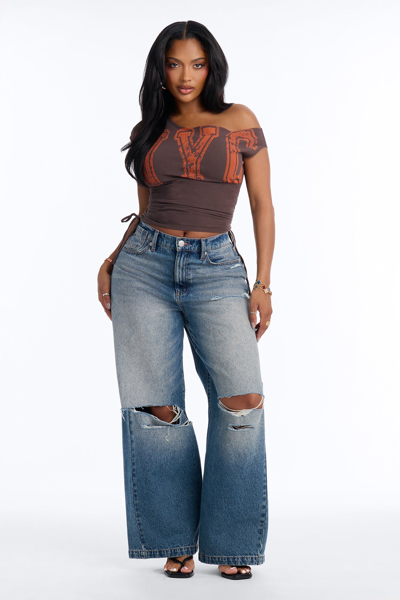NYC Varsity Off Shoulder Tie Ruched Tee - Chocolate image 6