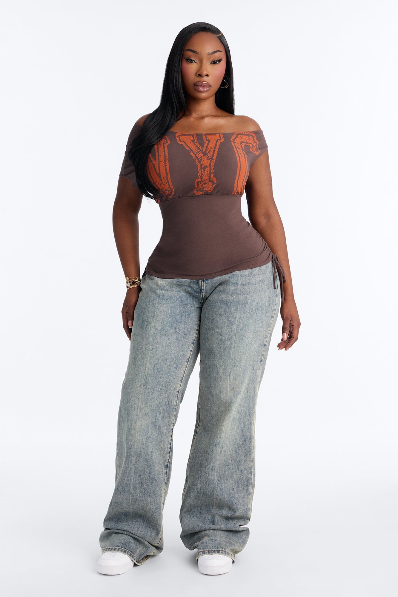 NYC Varsity Off Shoulder Tie Ruched Tee - Chocolate image 2