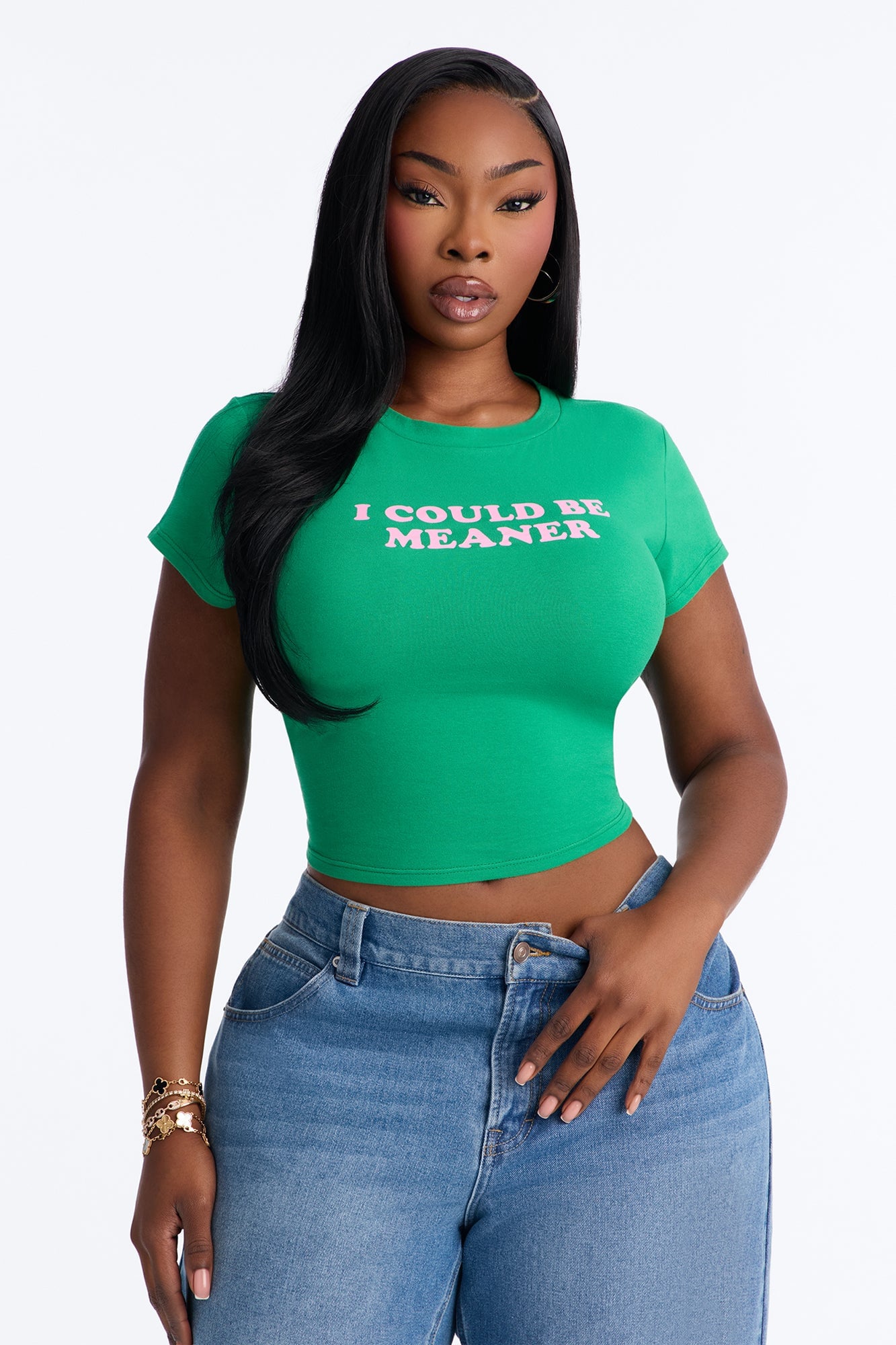 I Could Be Meaner Cropped Baby Tee - Green/combo