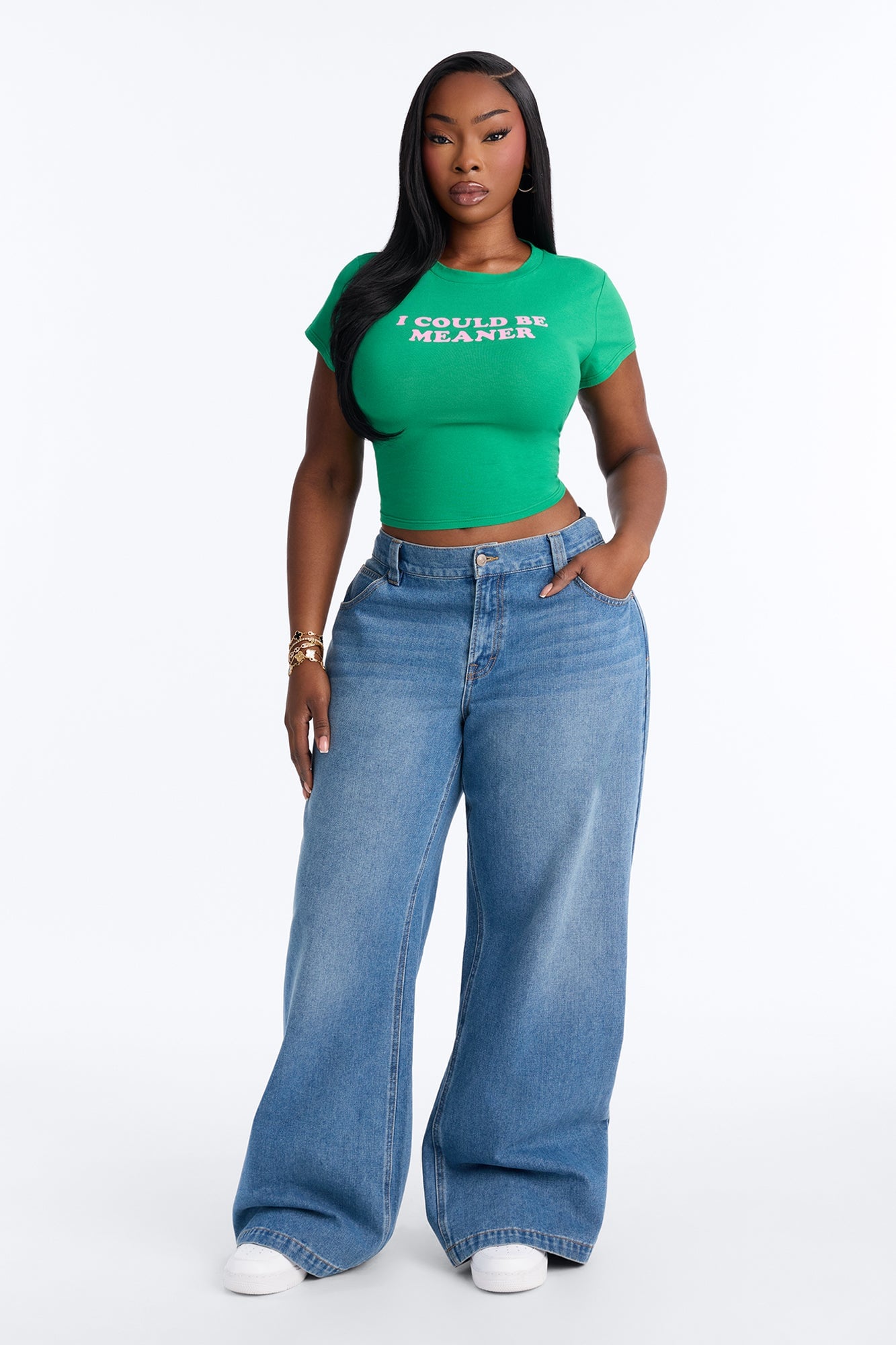 I Could Be Meaner Cropped Baby Tee - Green/combo image 2