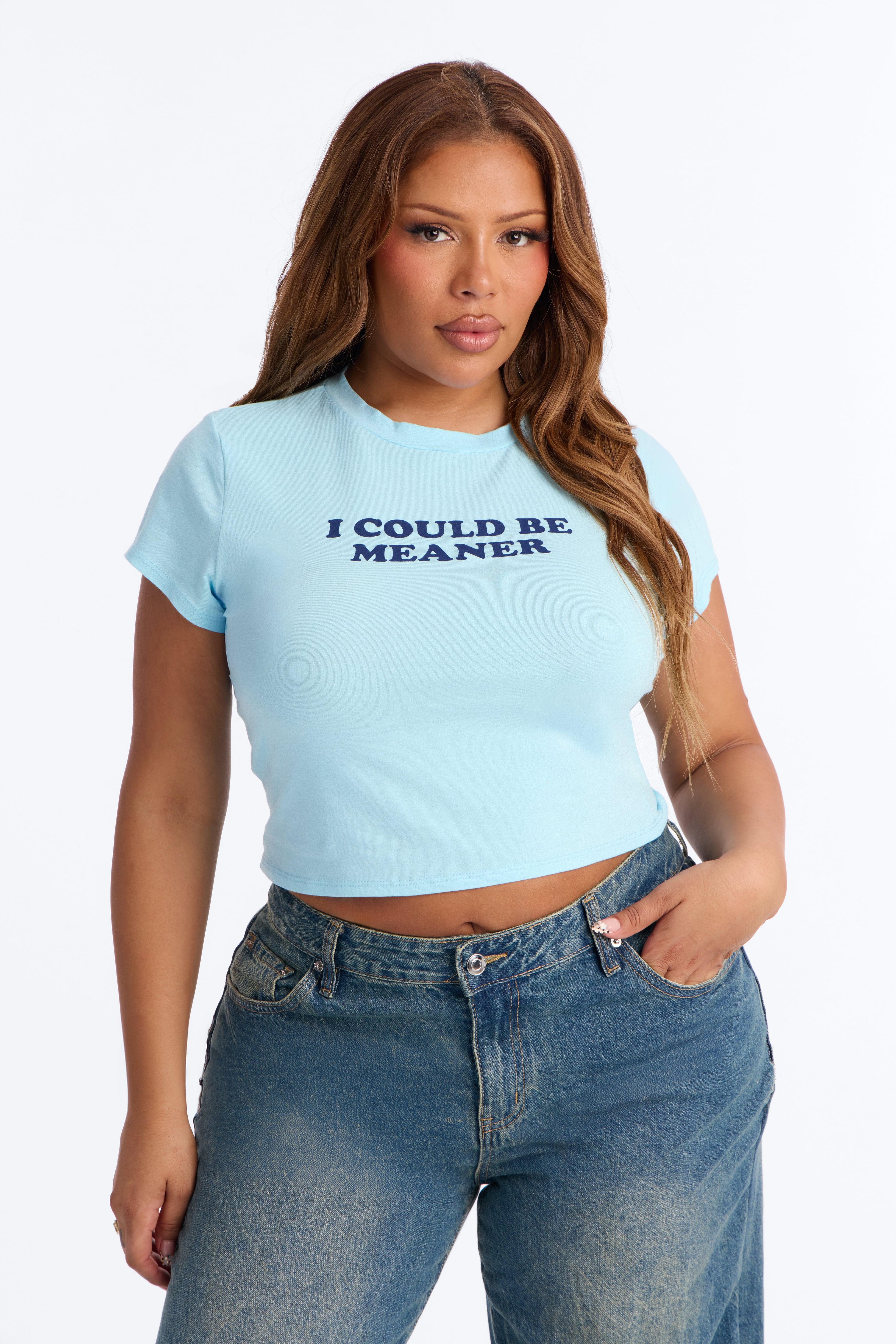 I Could Be Meaner Cropped Baby Tee - Light Blue image 2
