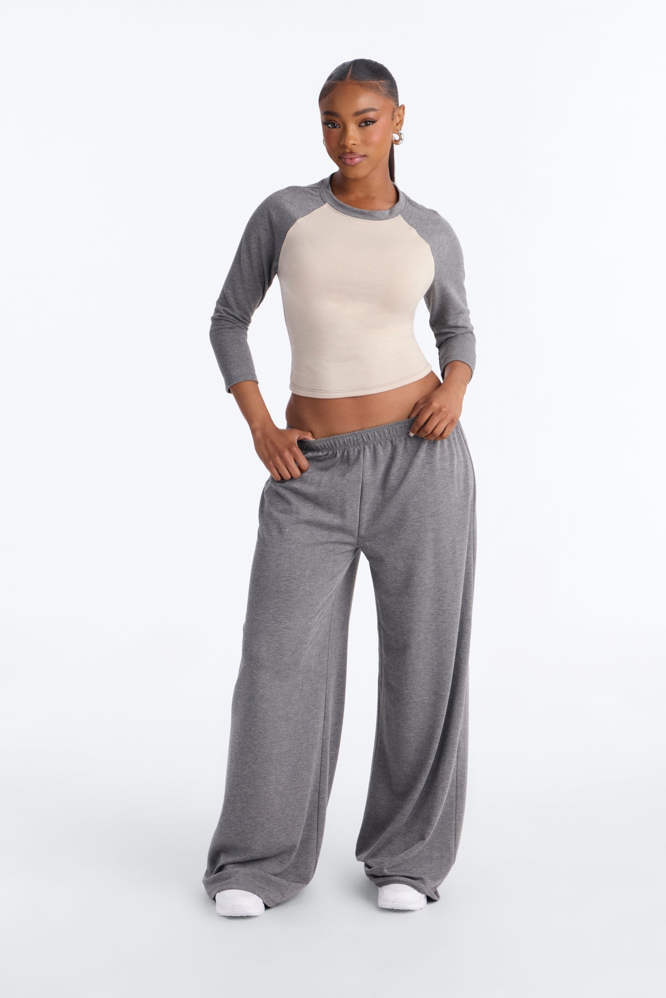 Raya 3/4 Sleeve Raglan Wide Leg Pant Set - Charcoal/combo image 5